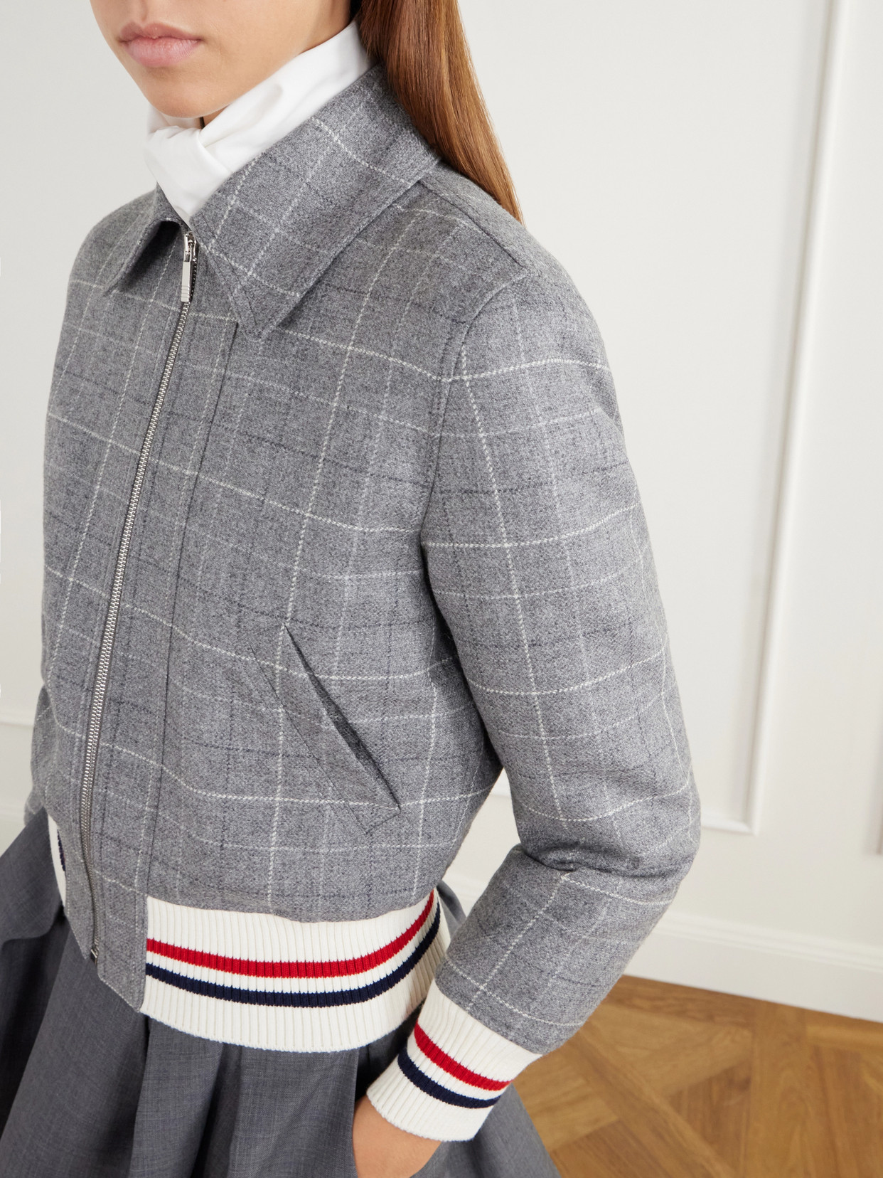 Cropped Padded Rib-Trimmed Checked Wool-Tweed Jacket