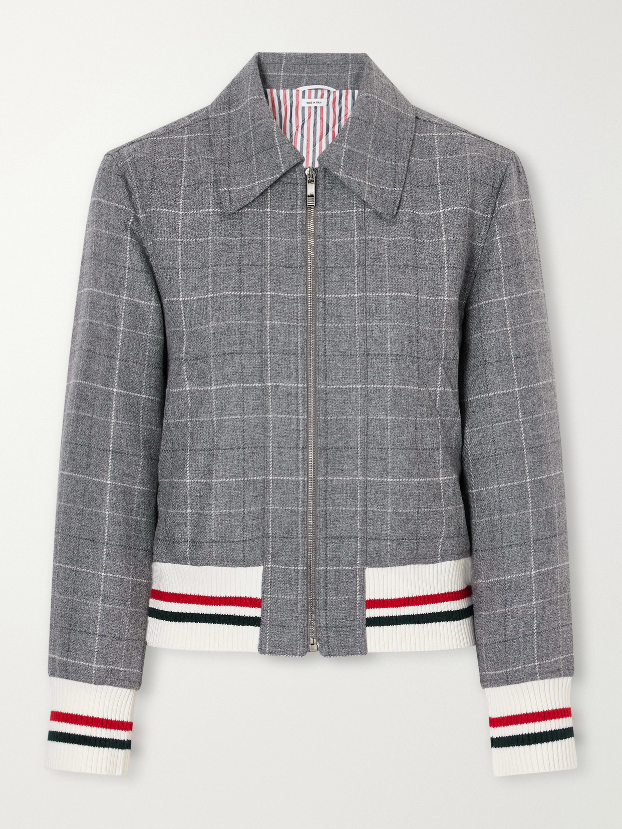 Cropped Padded Rib-Trimmed Checked Wool-Tweed Jacket
