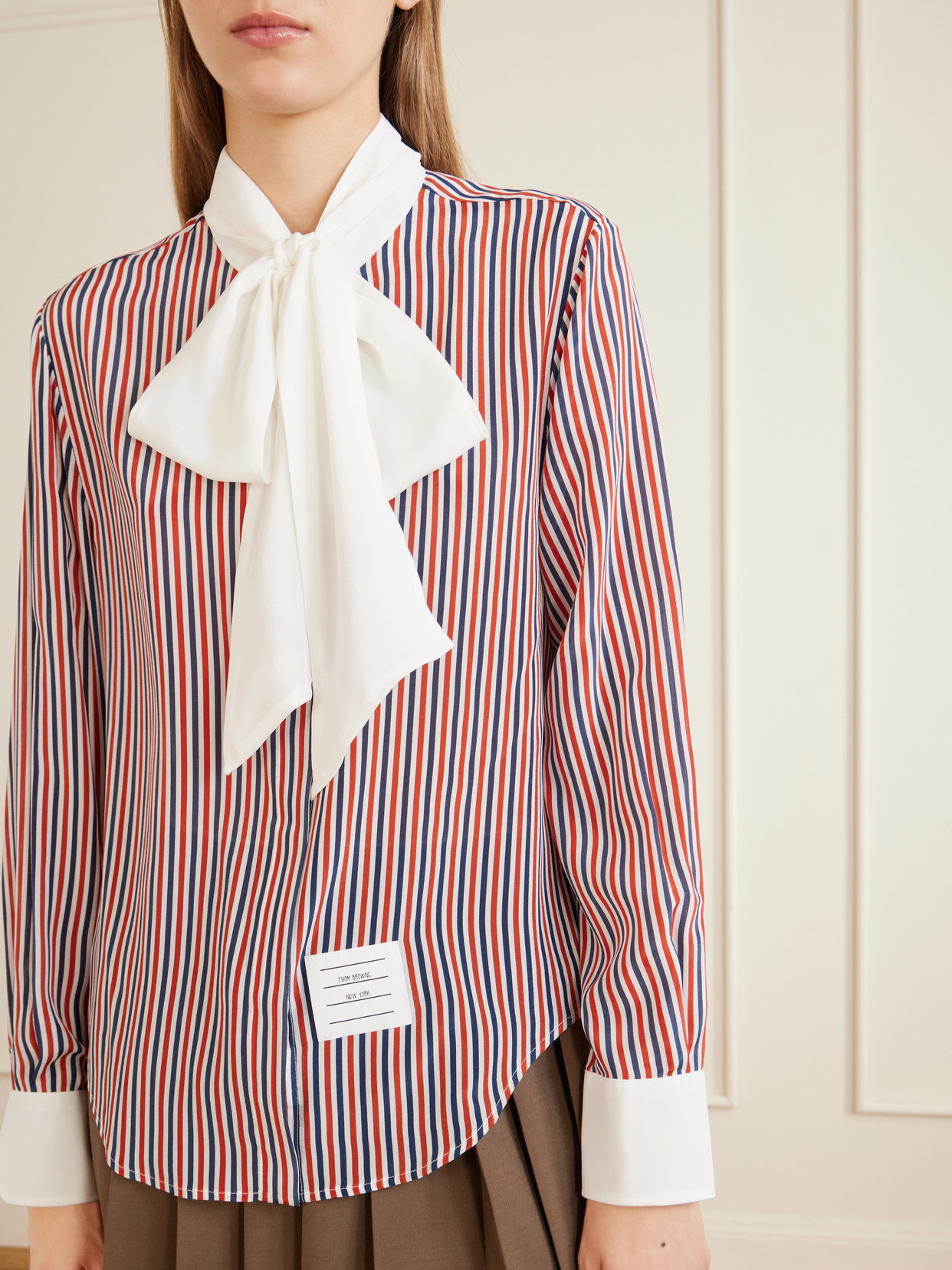 Bow-Detailed Striped Silk Crepe De Chine Shirt