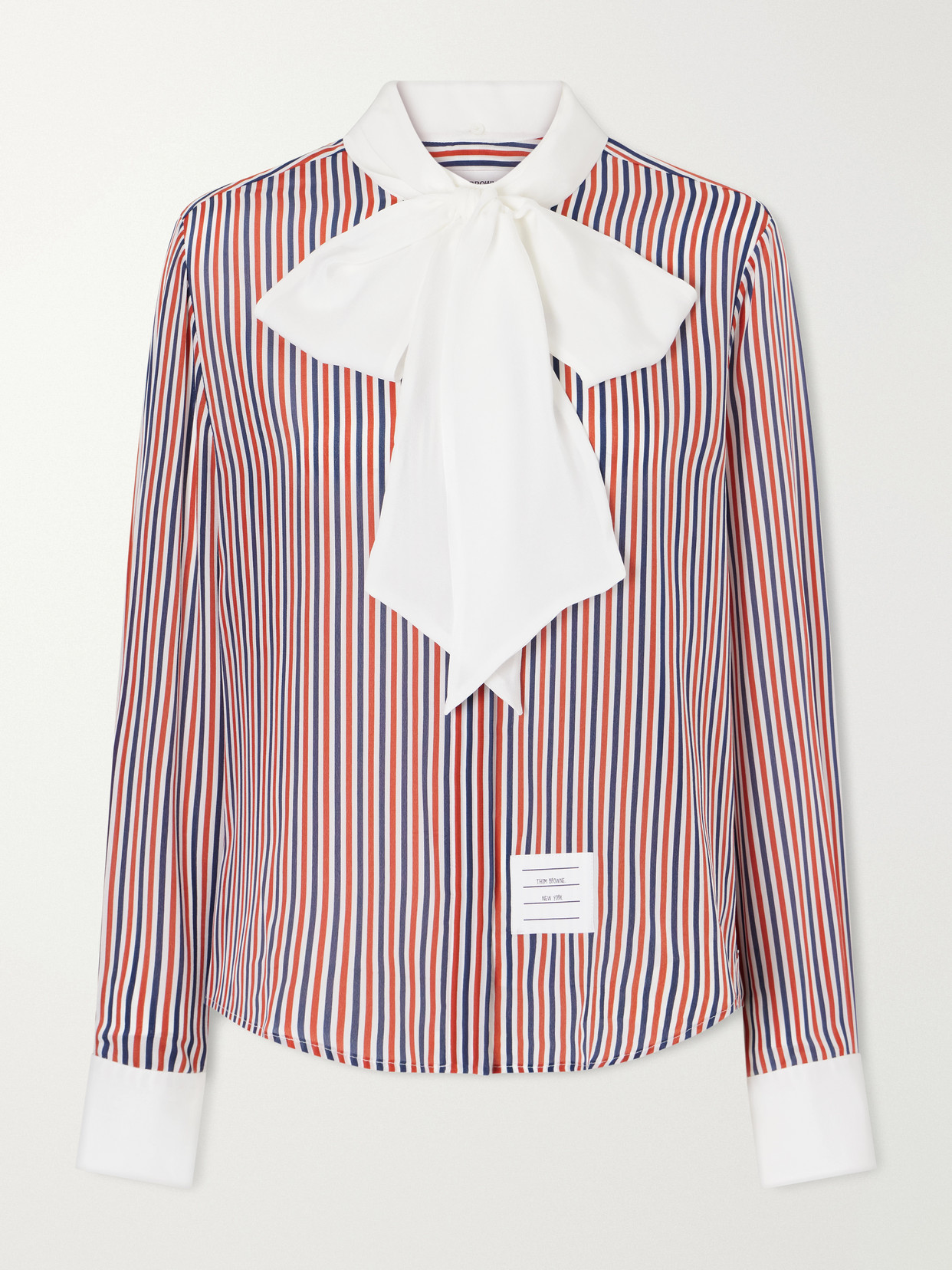 Thom Browne Bow-detailed Striped Silk Crepe De Chine Shirt In Red