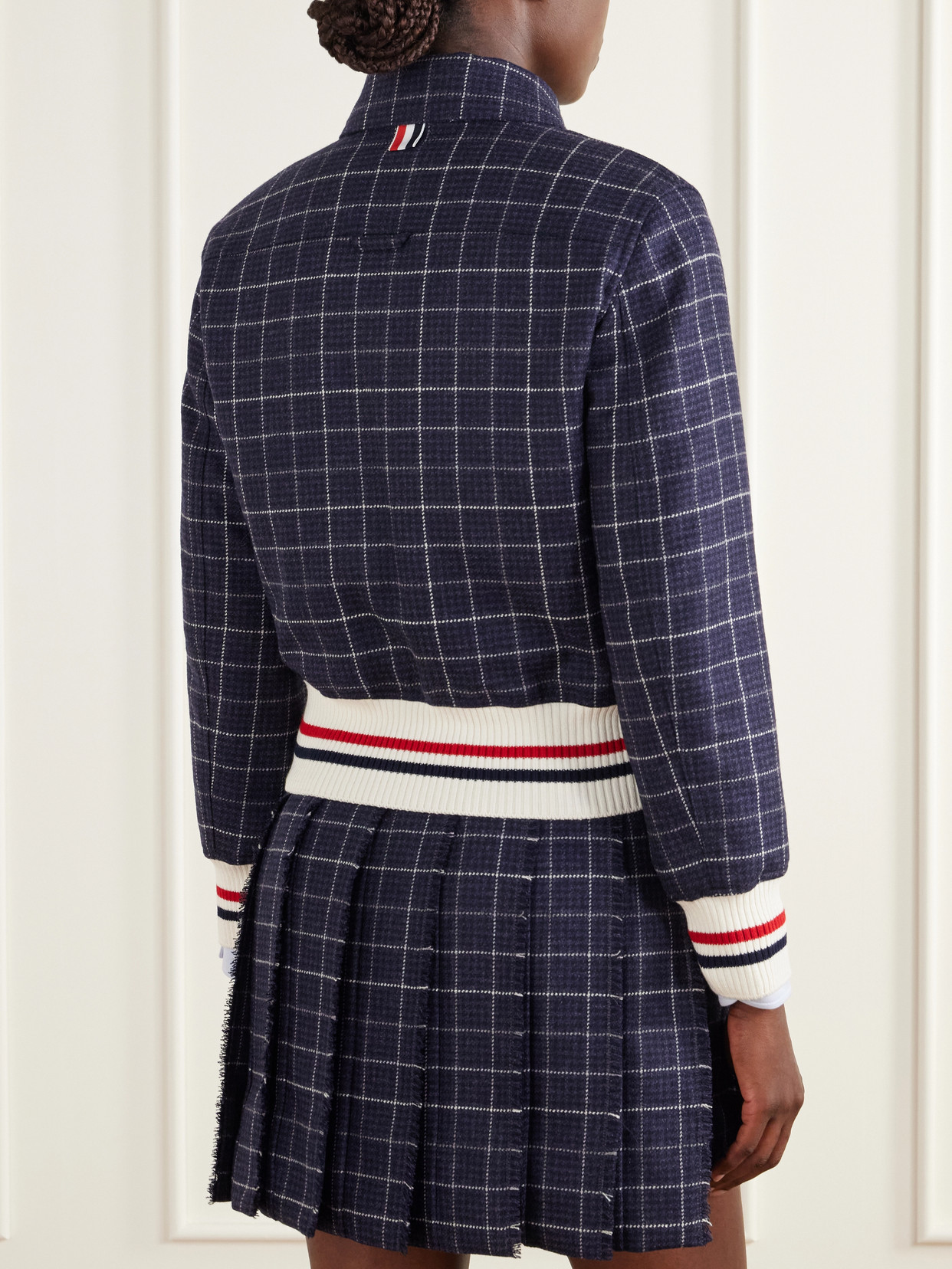 Cropped Padded Rib-Trimmed Checked Wool-Tweed Jacket