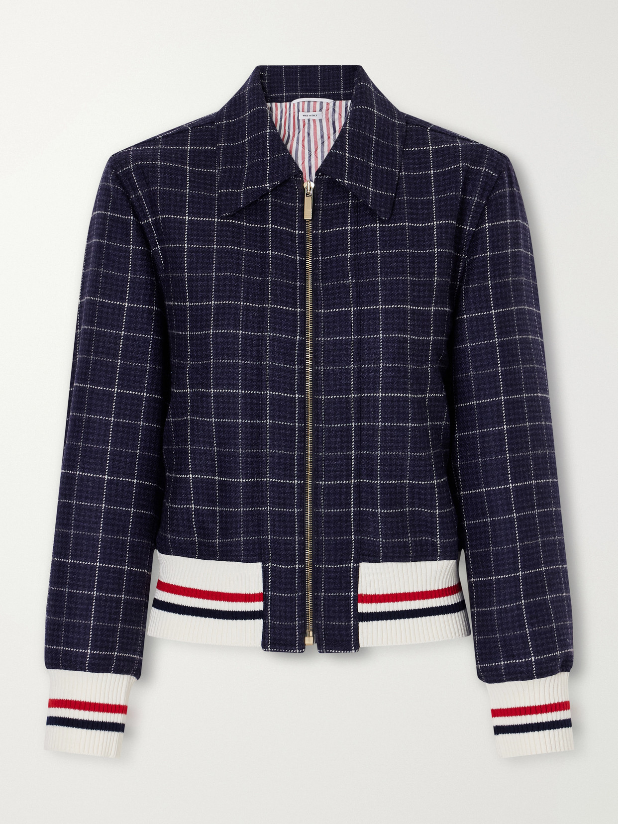 Cropped Padded Rib-Trimmed Checked Wool-Tweed Jacket
