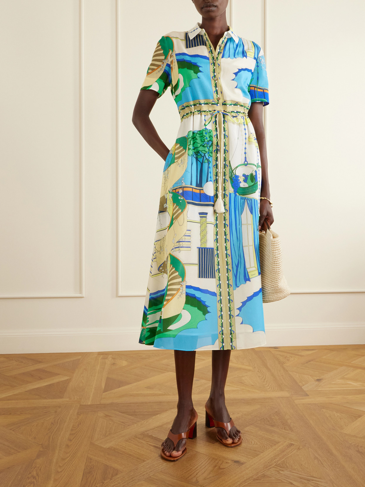 Tory Burch Printed Silk And Cotton-blend Midi Shirt Dress In Blue