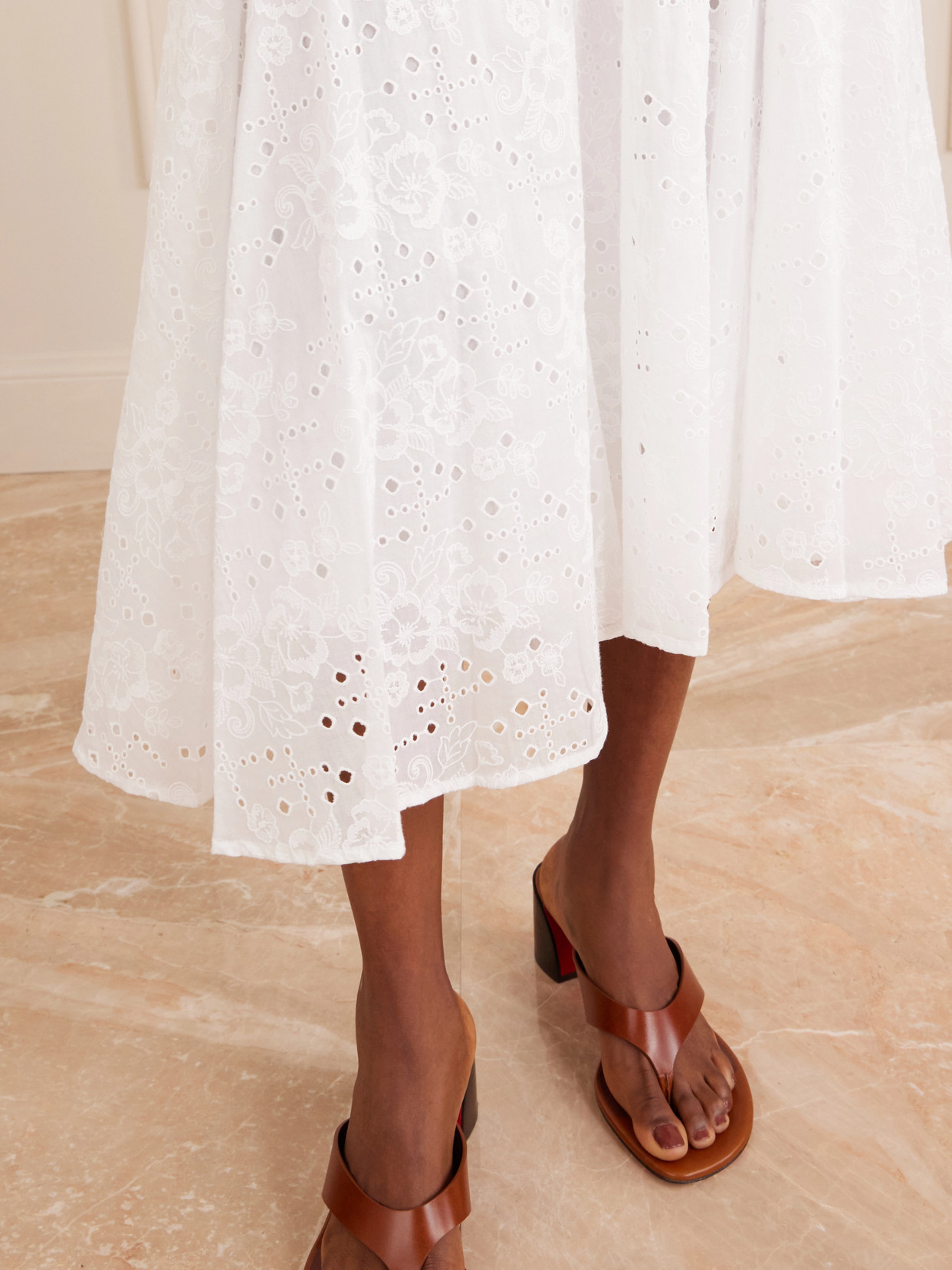 Pleated Broderie Anglaise Cotton Midi