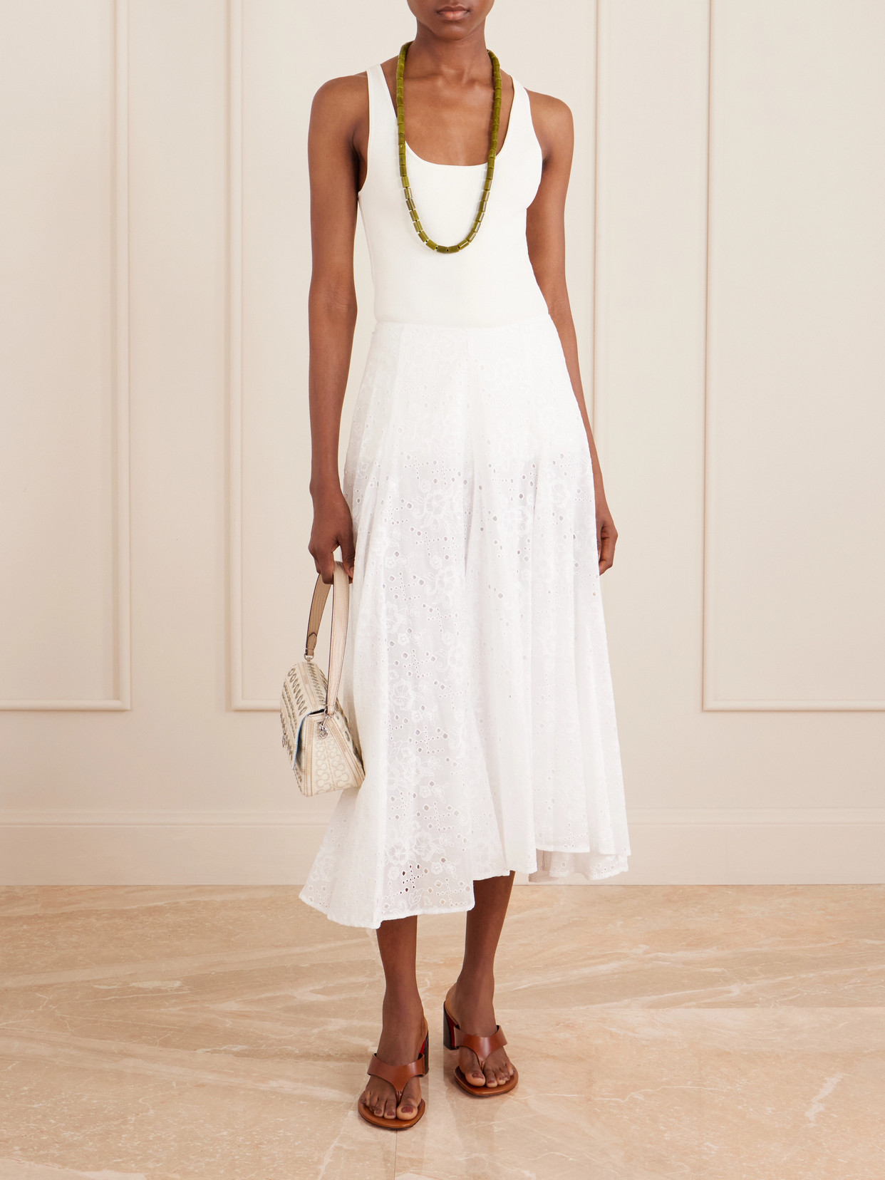 Pleated Broderie Anglaise Cotton Midi