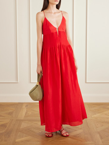 Tory Burch Embellished pleated linen and silk-blend maxi dress