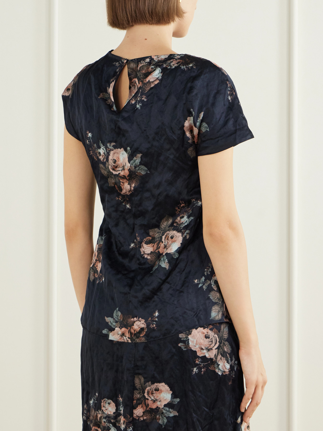 Asymmetric Draped Floral-Print Metallic Crinkled-Satin Blouse