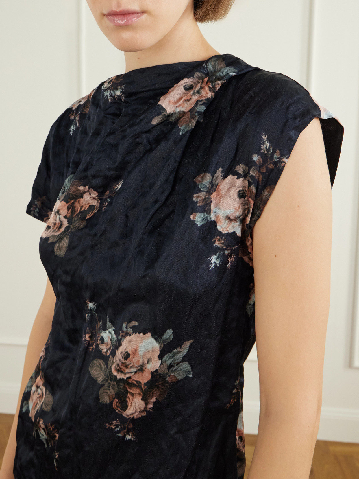 Asymmetric Draped Floral-Print Metallic Crinkled-Satin Blouse