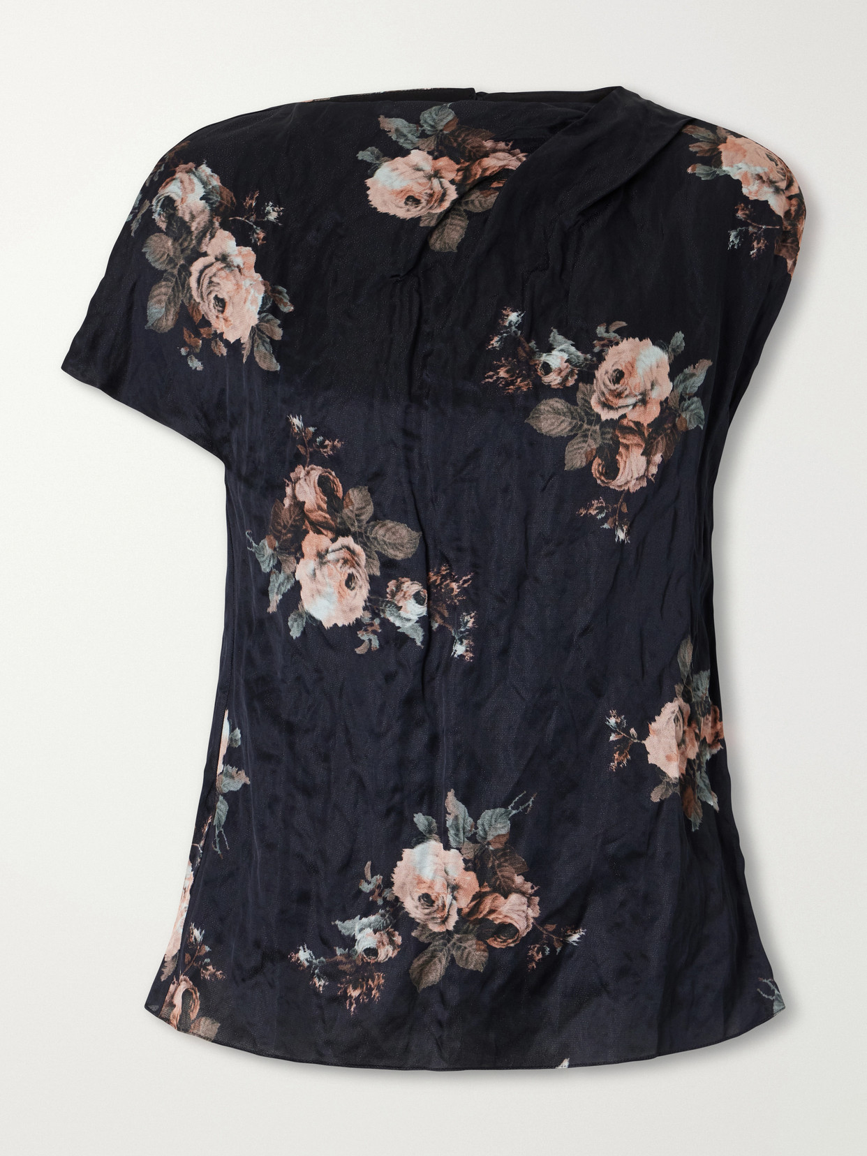 Asymmetric Draped Floral-Print Metallic Crinkled-Satin Blouse