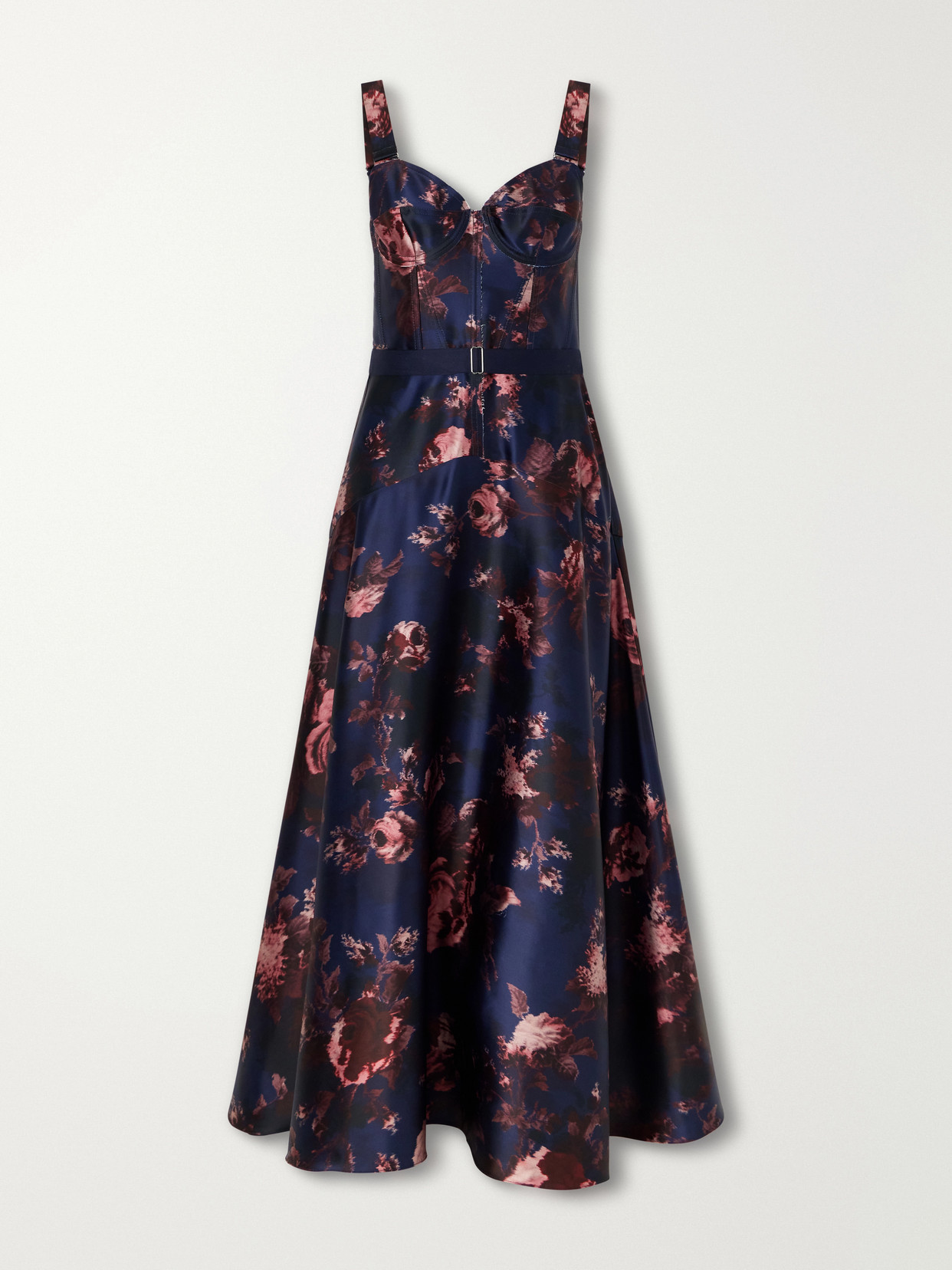 Erdem Belted Floral-print Duchess-satin Bustier Midi Dress In Blue