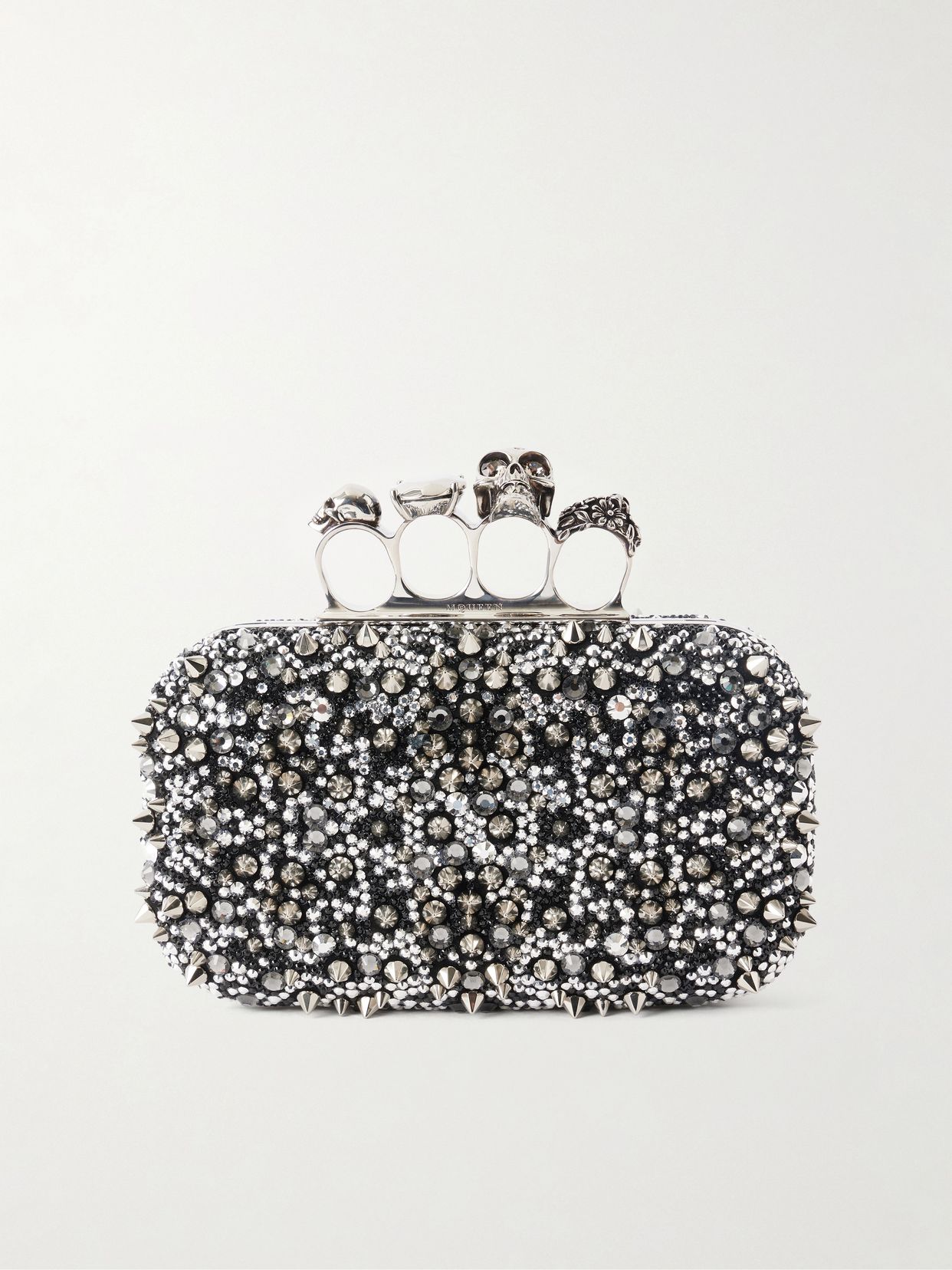 studded crystal embellished satin clutch