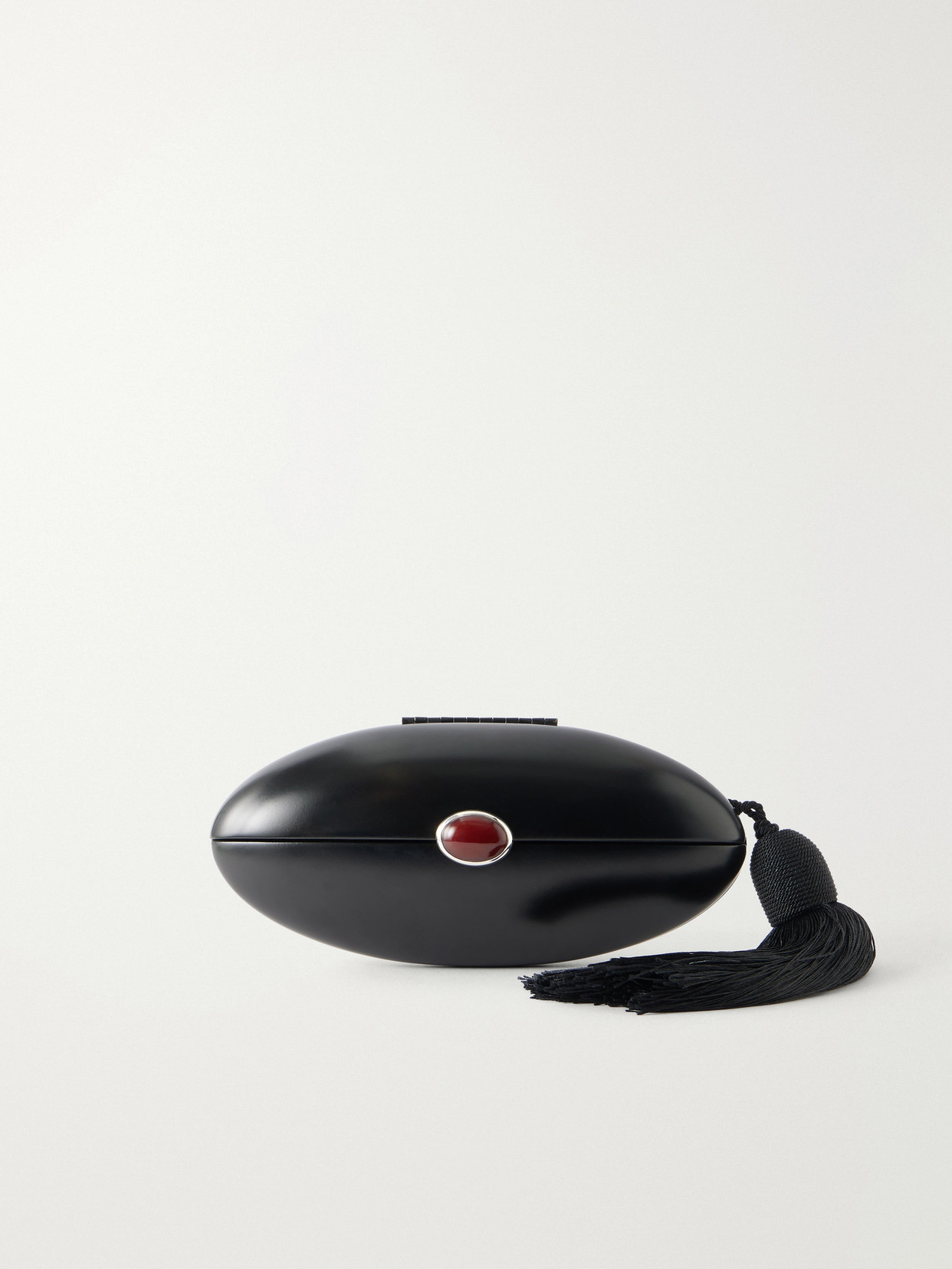Sophie Buhai Cyclops Tasseled Silver-stone, Carnelian And Wood Clutch In Black