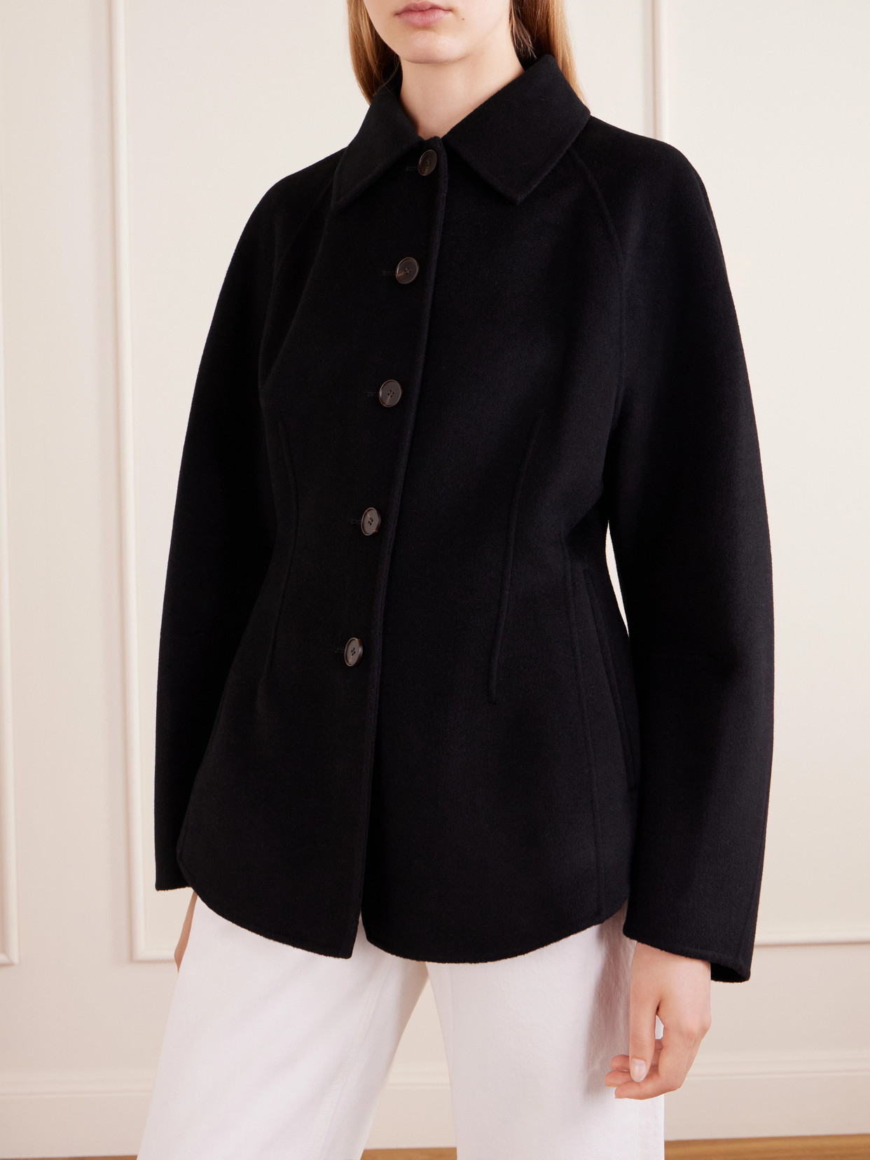 Rohe Double-faced Wool Sculptural Sleeve Jacket With Cinched Waist And Four-button Closure In Black