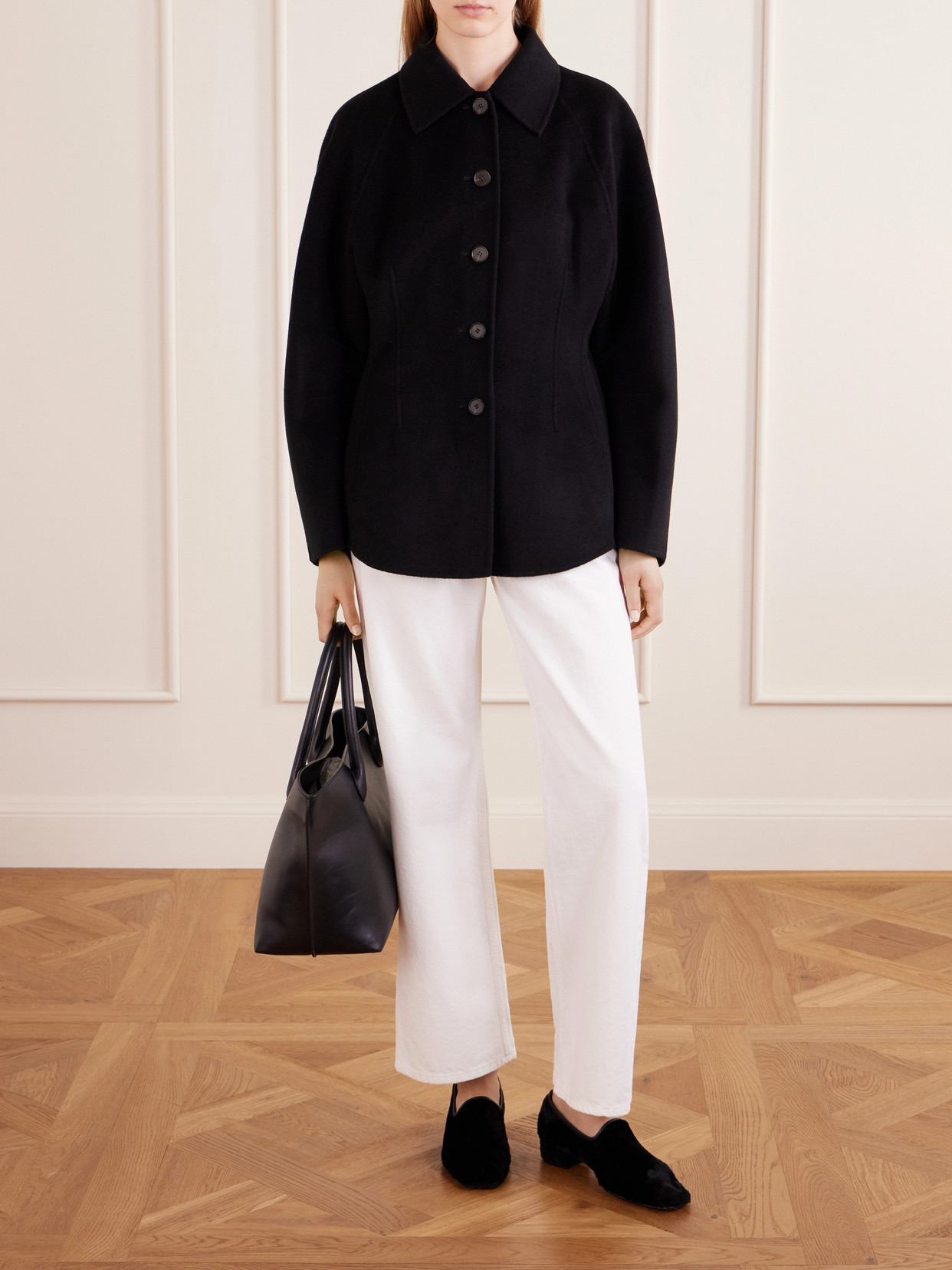 Rohe Double-faced Wool Sculptural Sleeve Jacket With Cinched Waist And Four-button Closure In Black