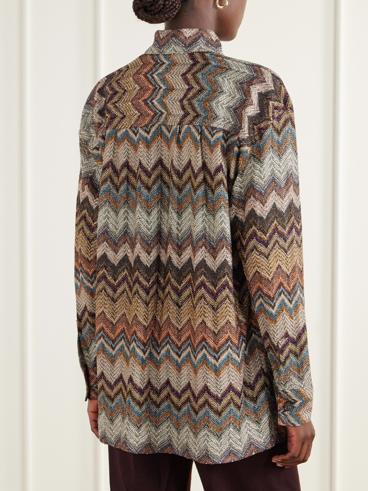 Sequin-Embellished Metallic Crochet-Knit Blouse