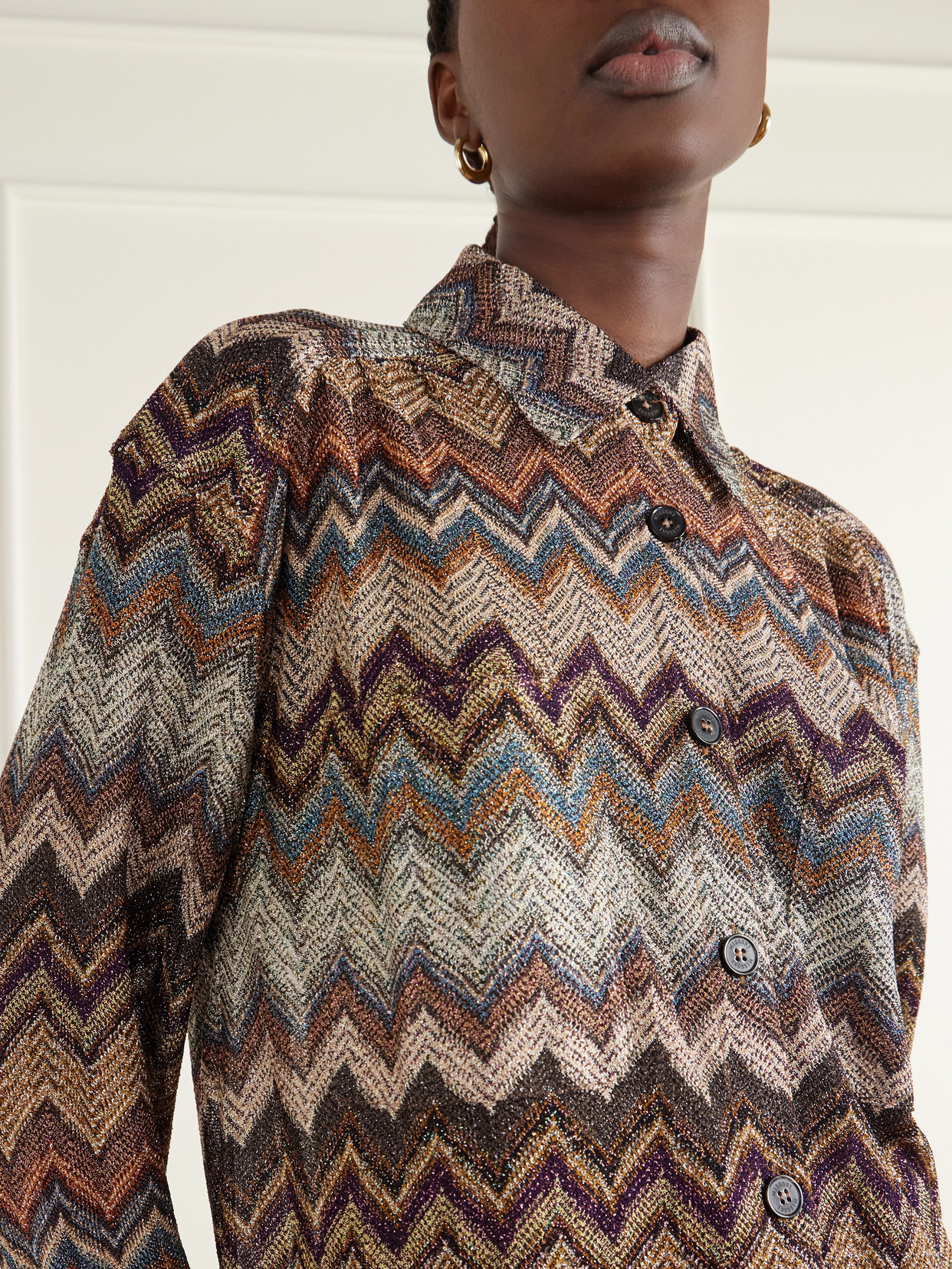 Sequin-Embellished Metallic Crochet-Knit Blouse
