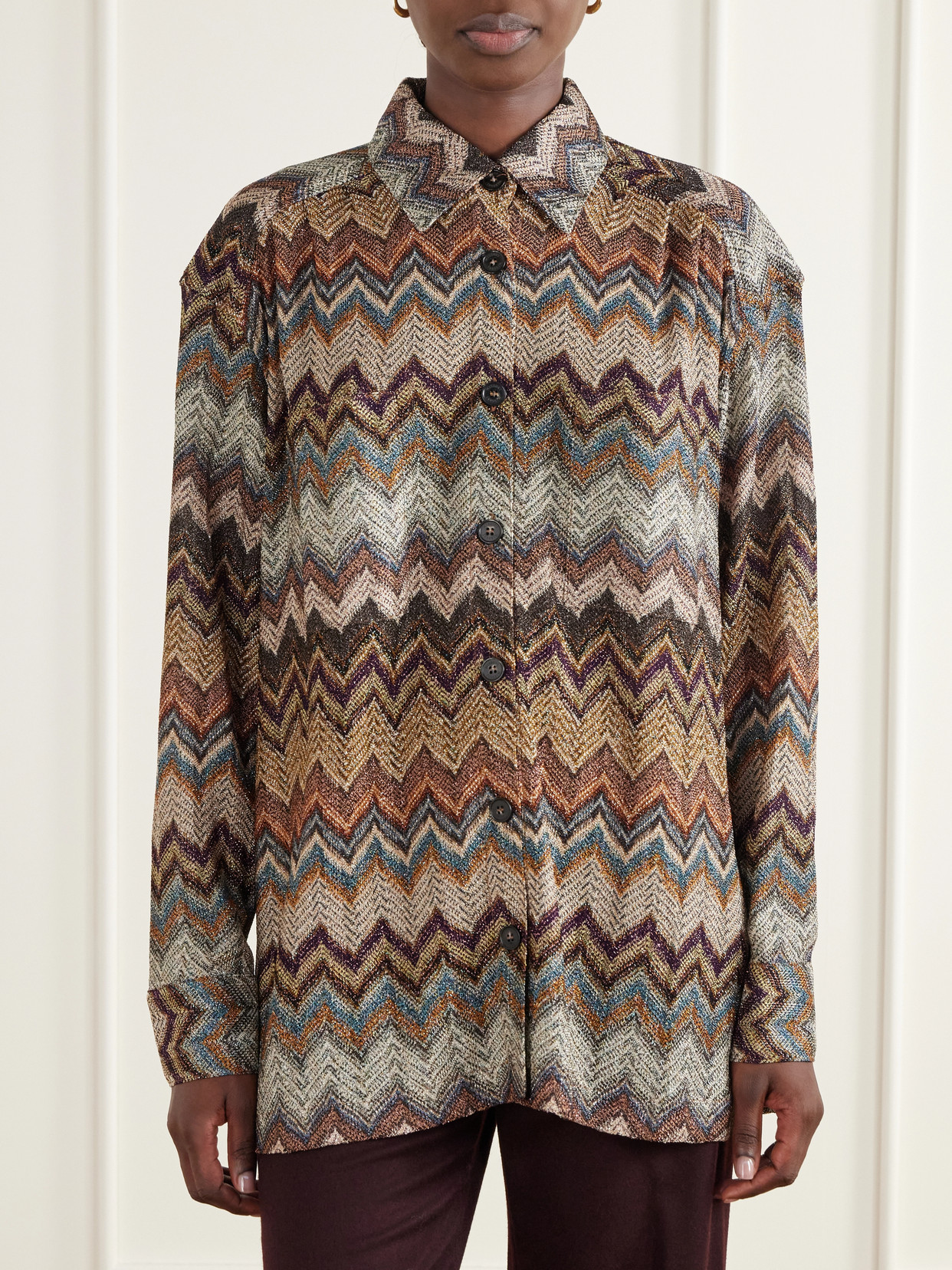 Sequin-Embellished Metallic Crochet-Knit Blouse