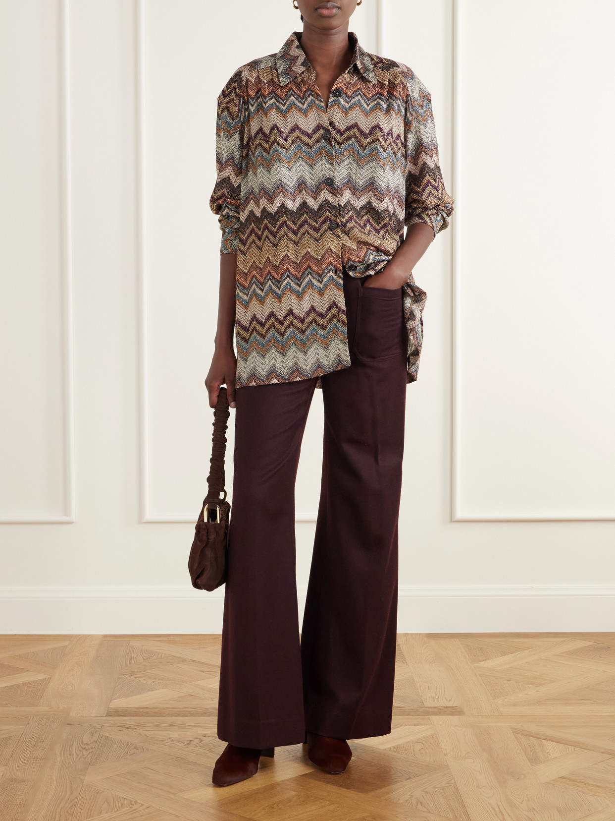 Sequin-Embellished Metallic Crochet-Knit Blouse