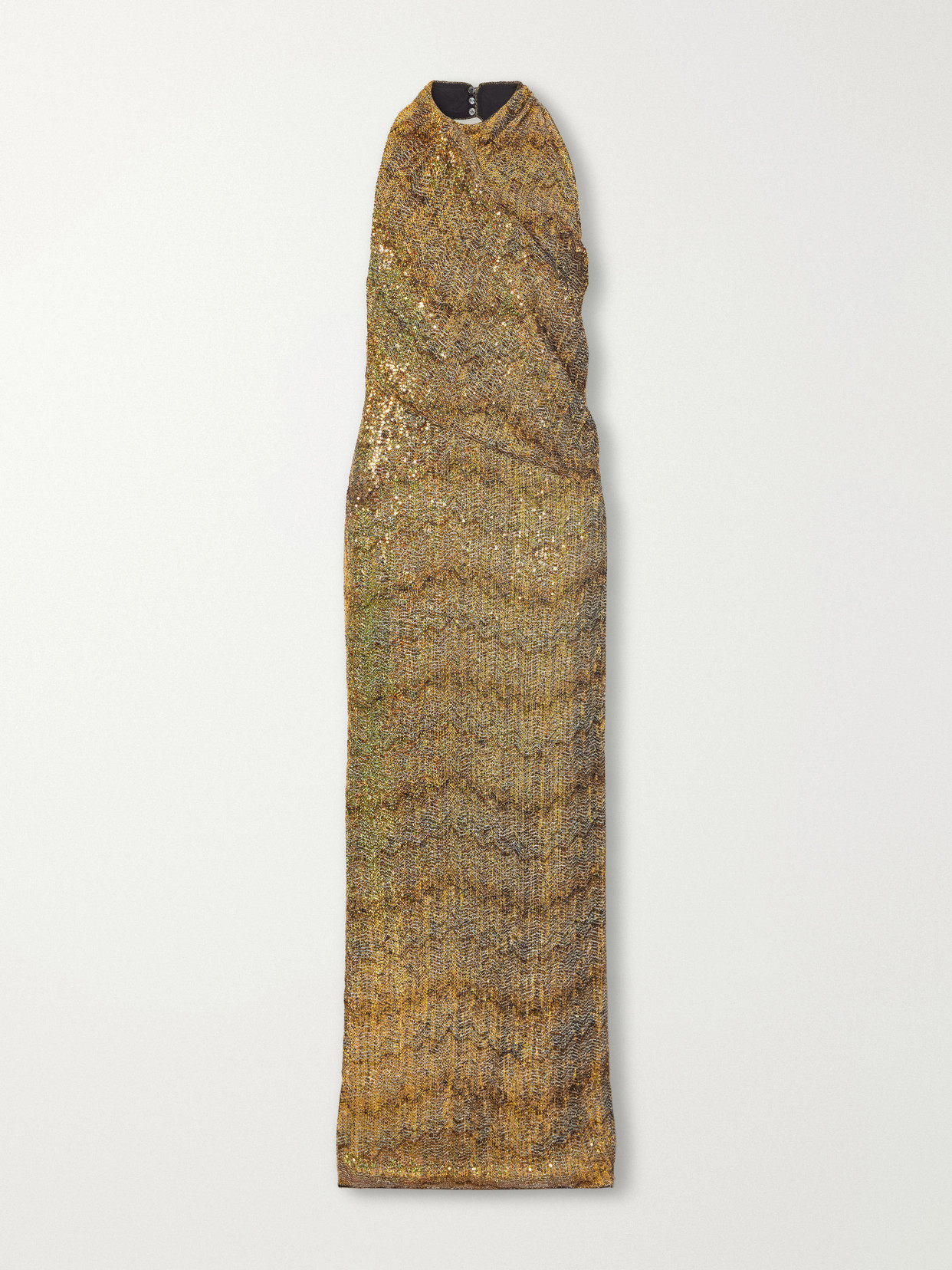 Missoni Striped Sequin-embellished Metallic Crochet-knit Halter Maxi Dress In Gold