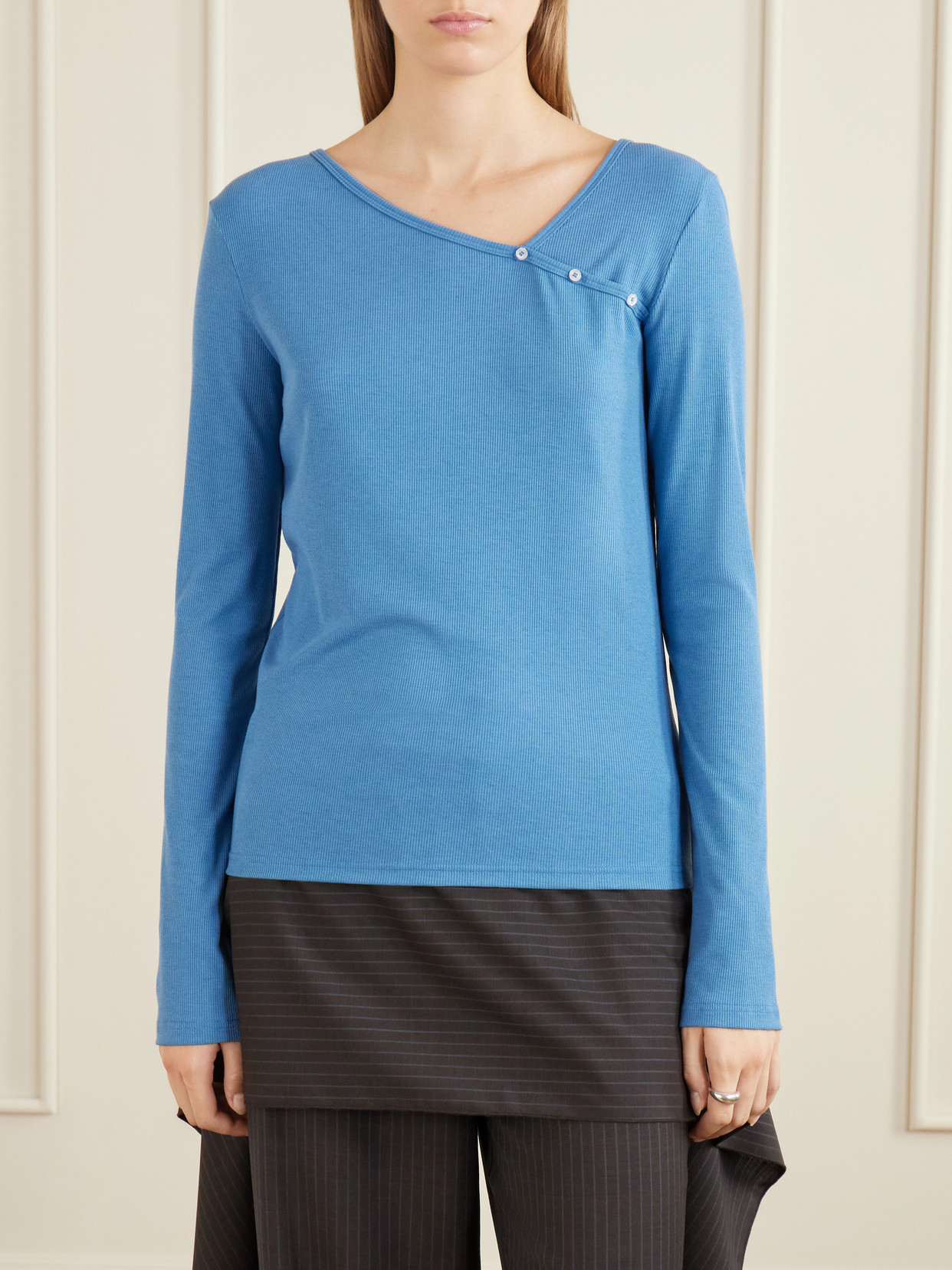 Button-Detail Ribbed Lyocell And Wool-Blend T-Shirt