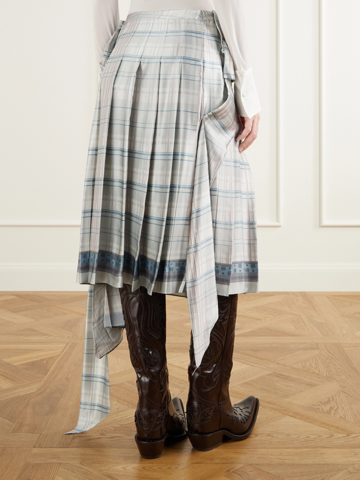 Scarf-Effect Pleated Checked Silk-Satin Midi