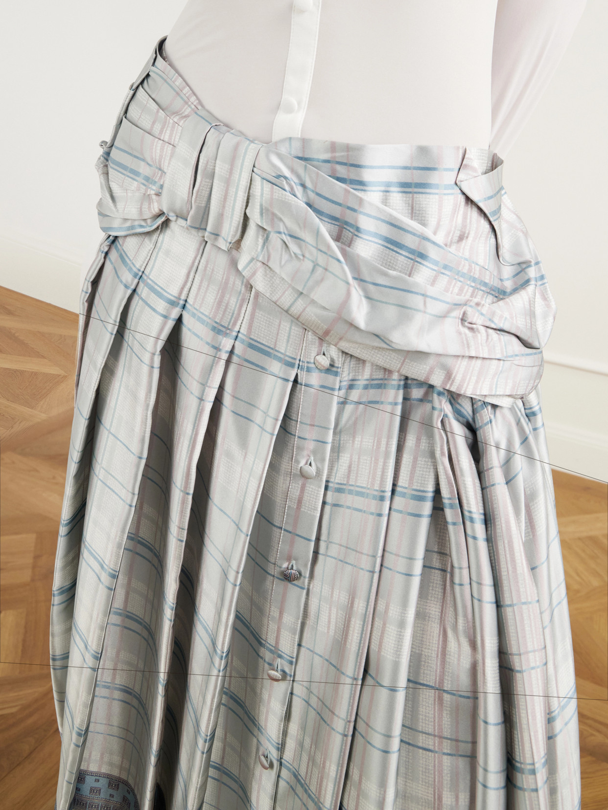 Scarf-Effect Pleated Checked Silk-Satin Midi