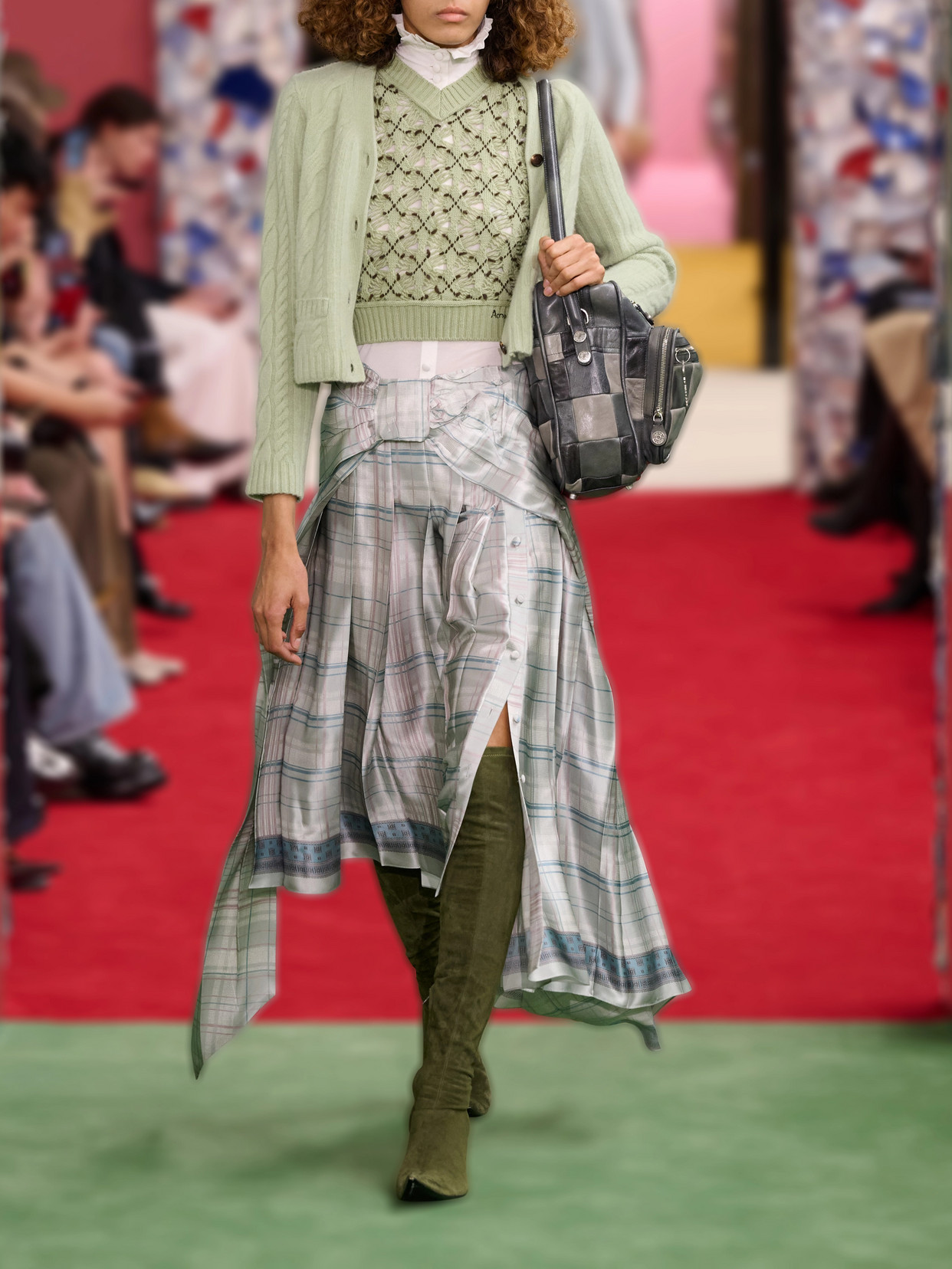 Scarf-Effect Pleated Checked Silk-Satin Midi