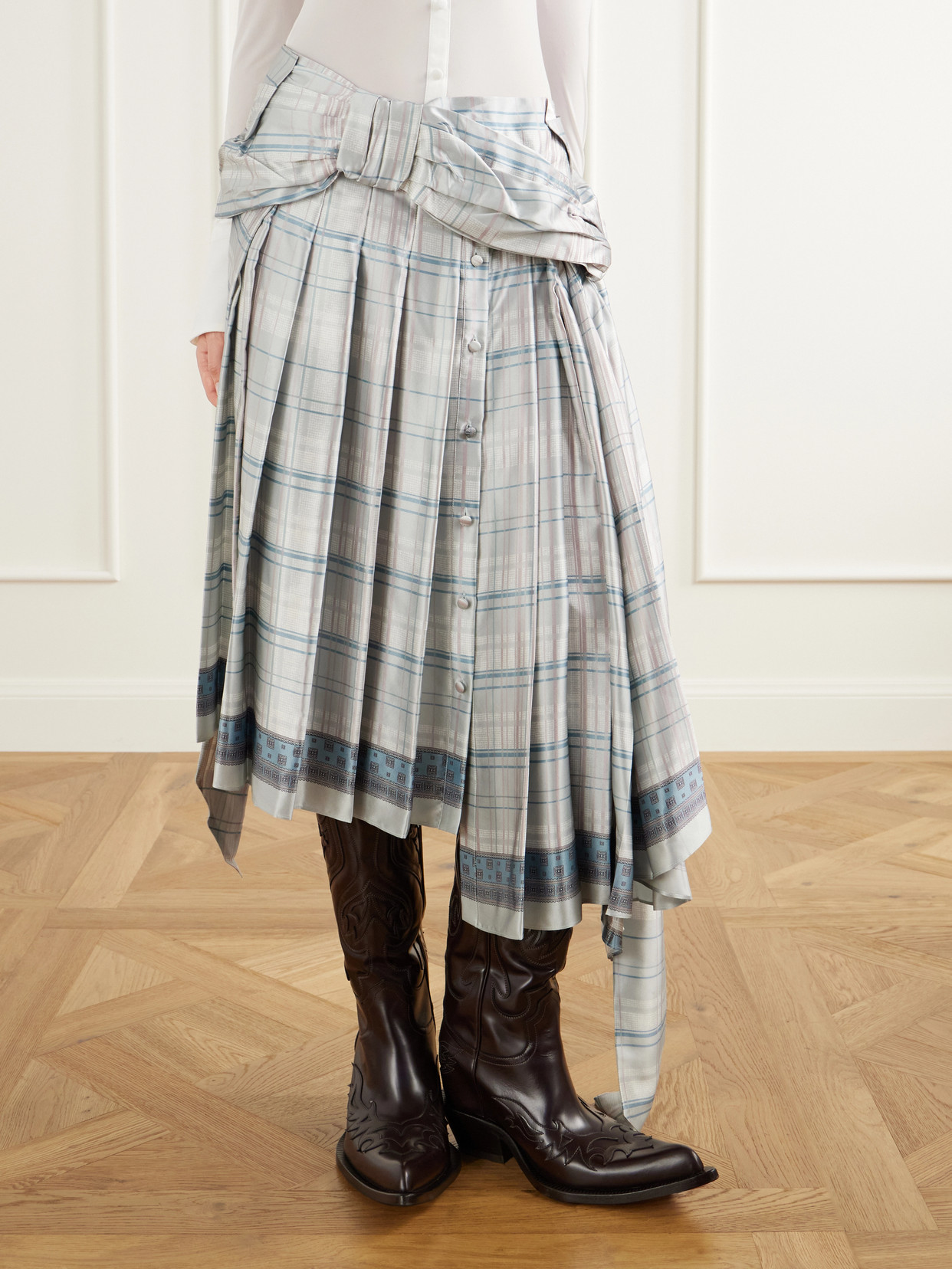 Scarf-Effect Pleated Checked Silk-Satin Midi