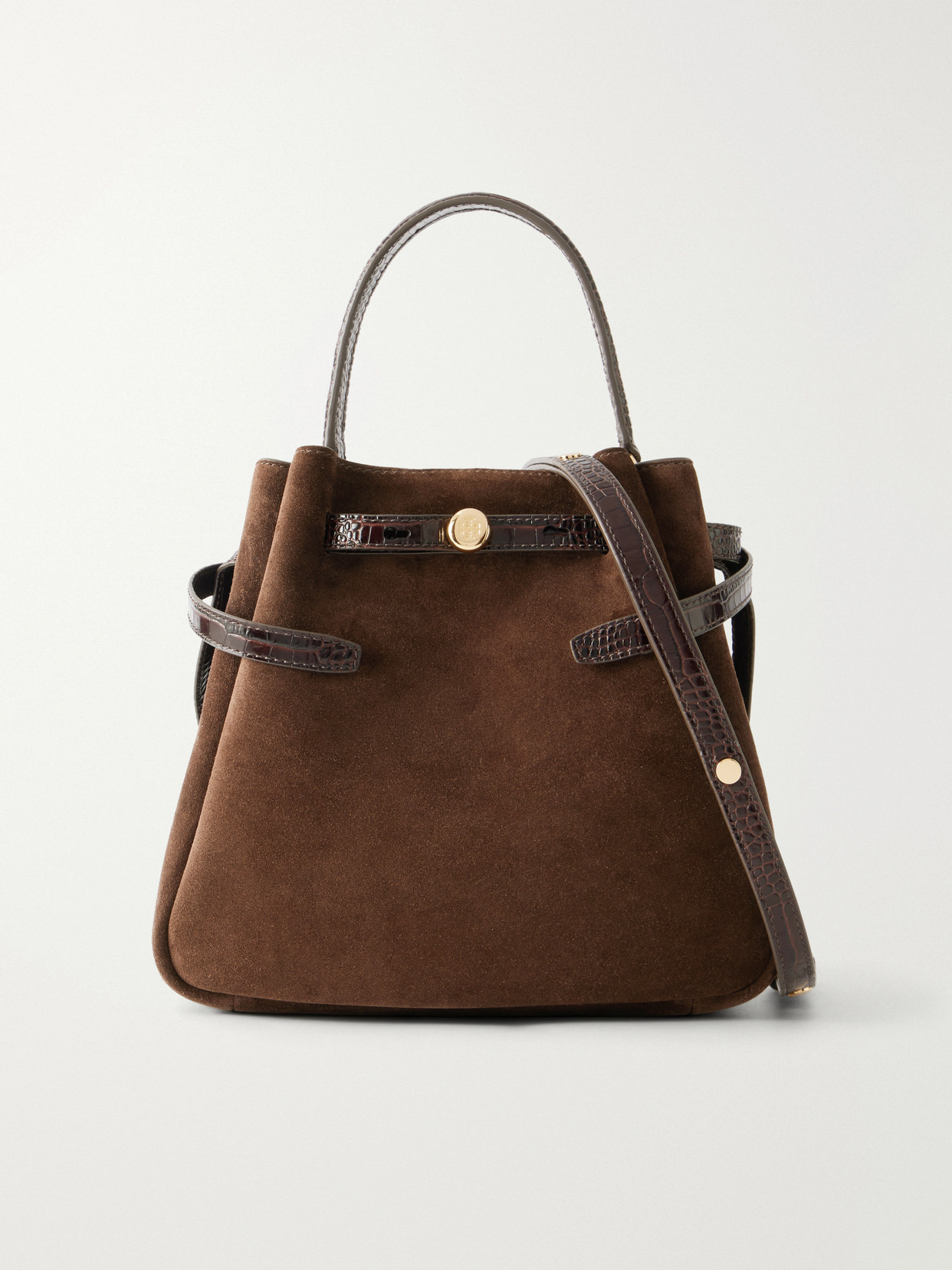 Tory Burch Romy Leather-trimmed Suede Bucket Bag In Brown