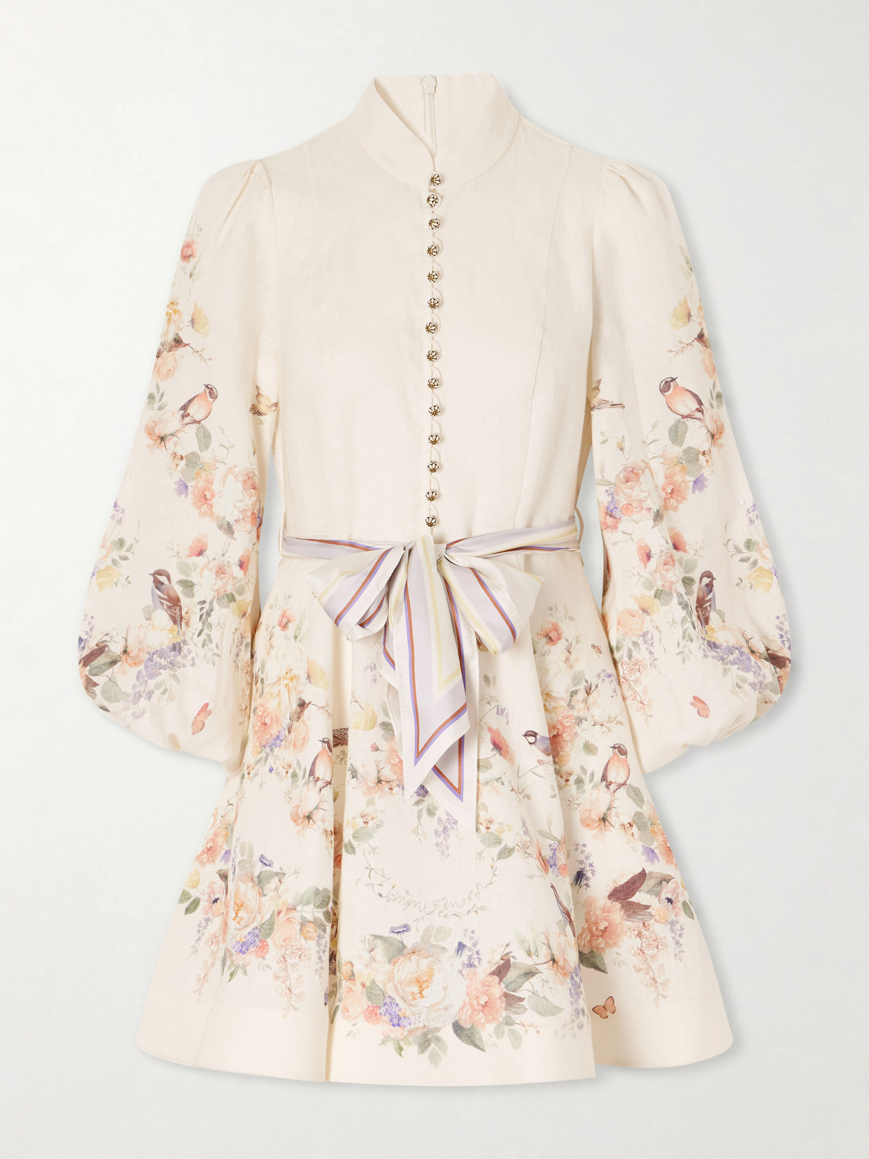 Zimmermann Valiant Floral-print Belted Linen Mini Dress In Neutrals