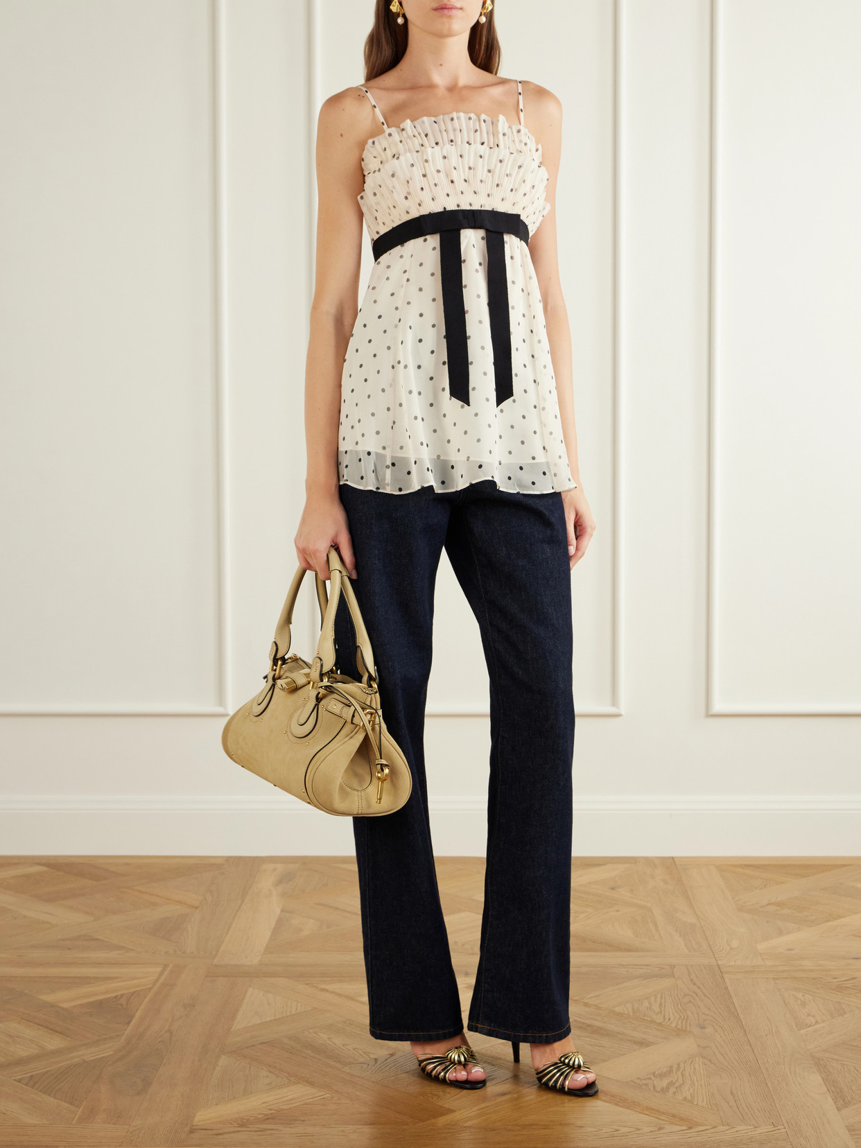 Pleated Bow-Detailed Polka-Dot Chiffon Top