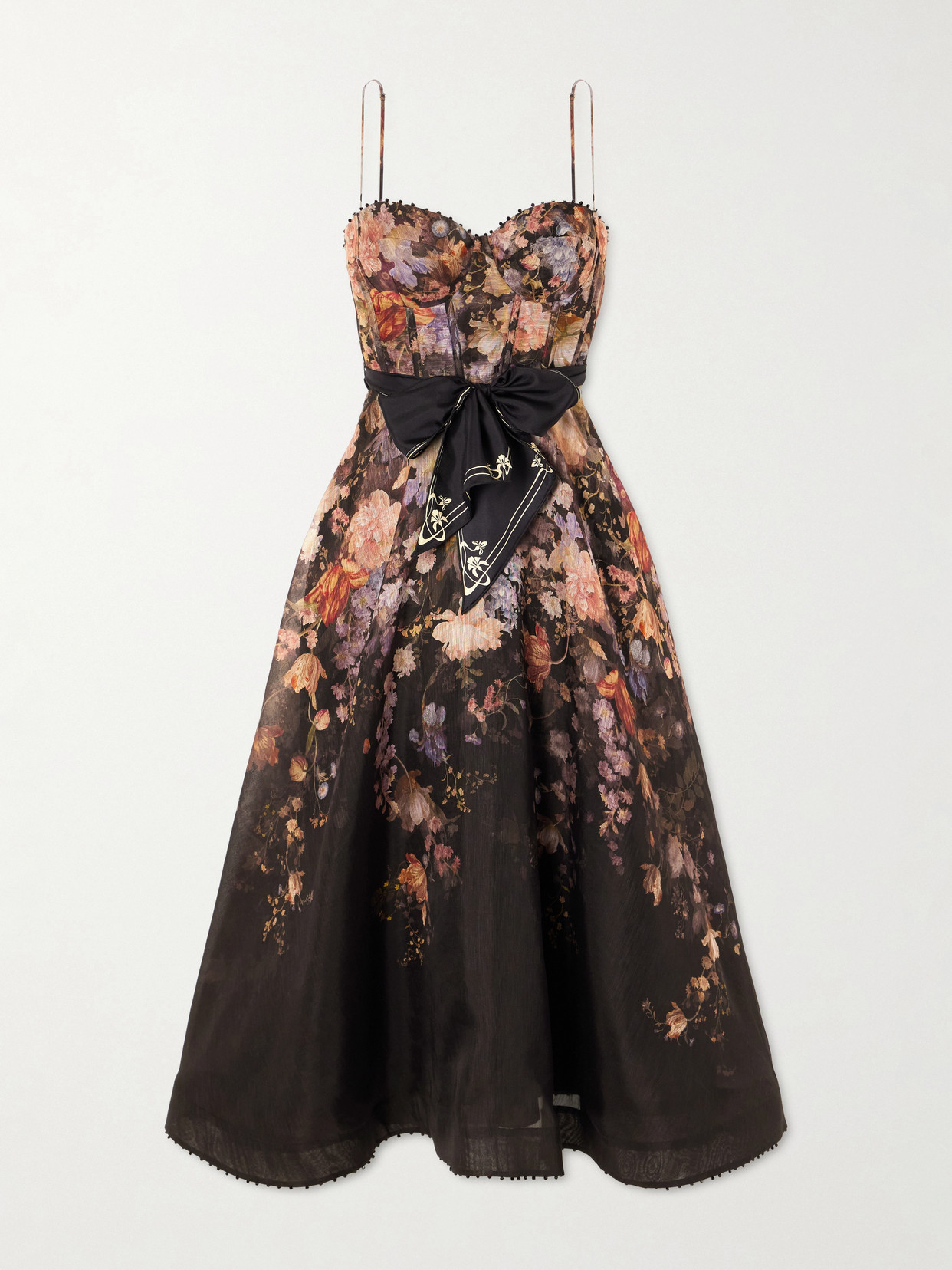 Zimmermann Valiant Floral-print Linen And Silk-blend Corset Maxi Dress In Black