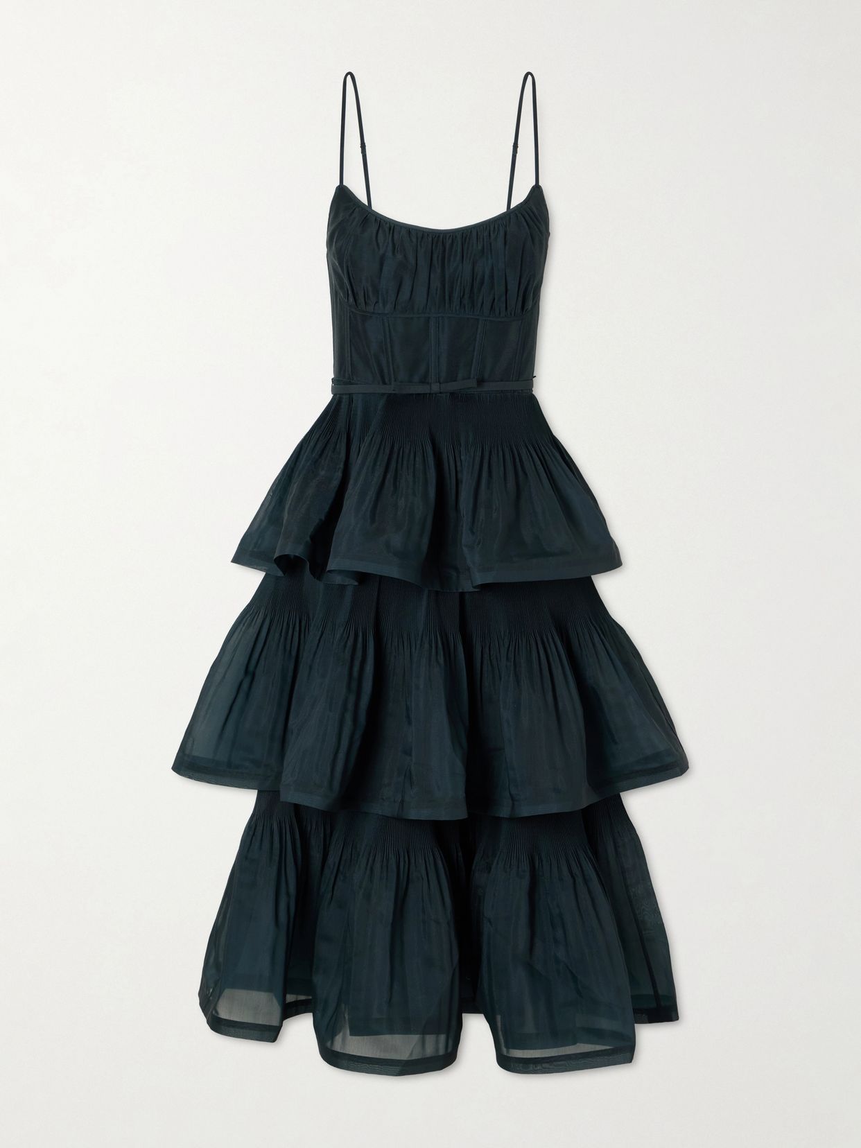 belted tiered chiffon midi dress