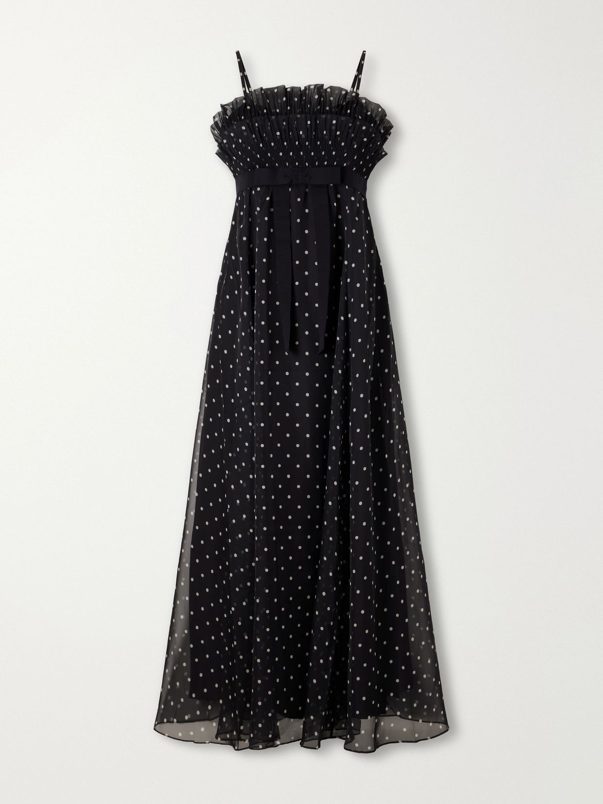 bow detailed pleated ruffled polka dot chiffon maxi dress