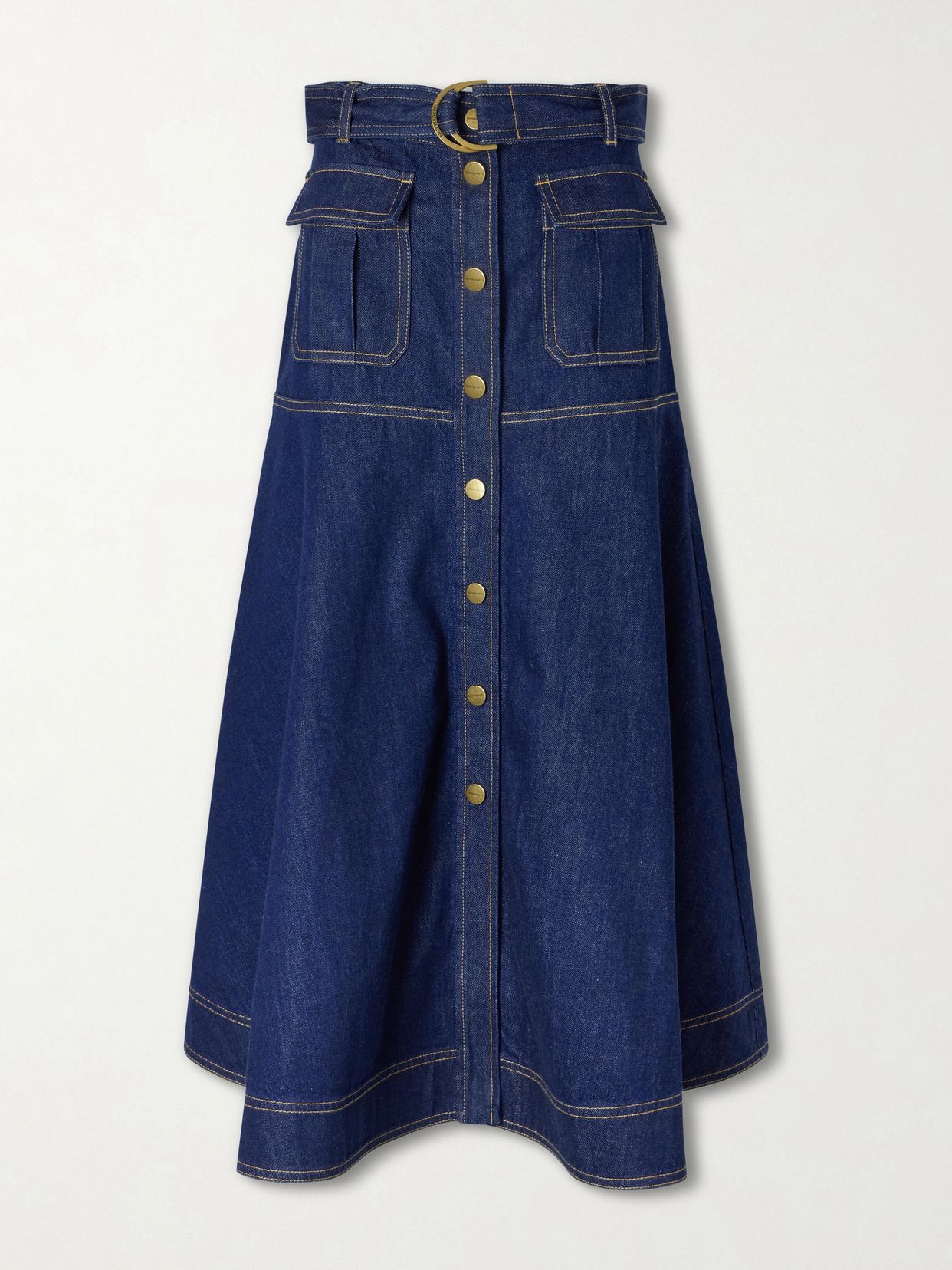 Belted denim midi skirt