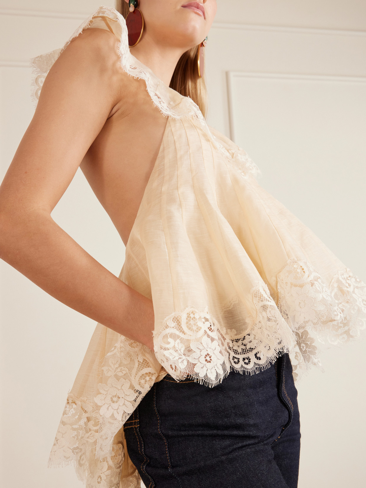 Ascent Flutter Ruffled Cape-Effect Lace-Trimmed Linen And Silk-Blend Voile Blouse