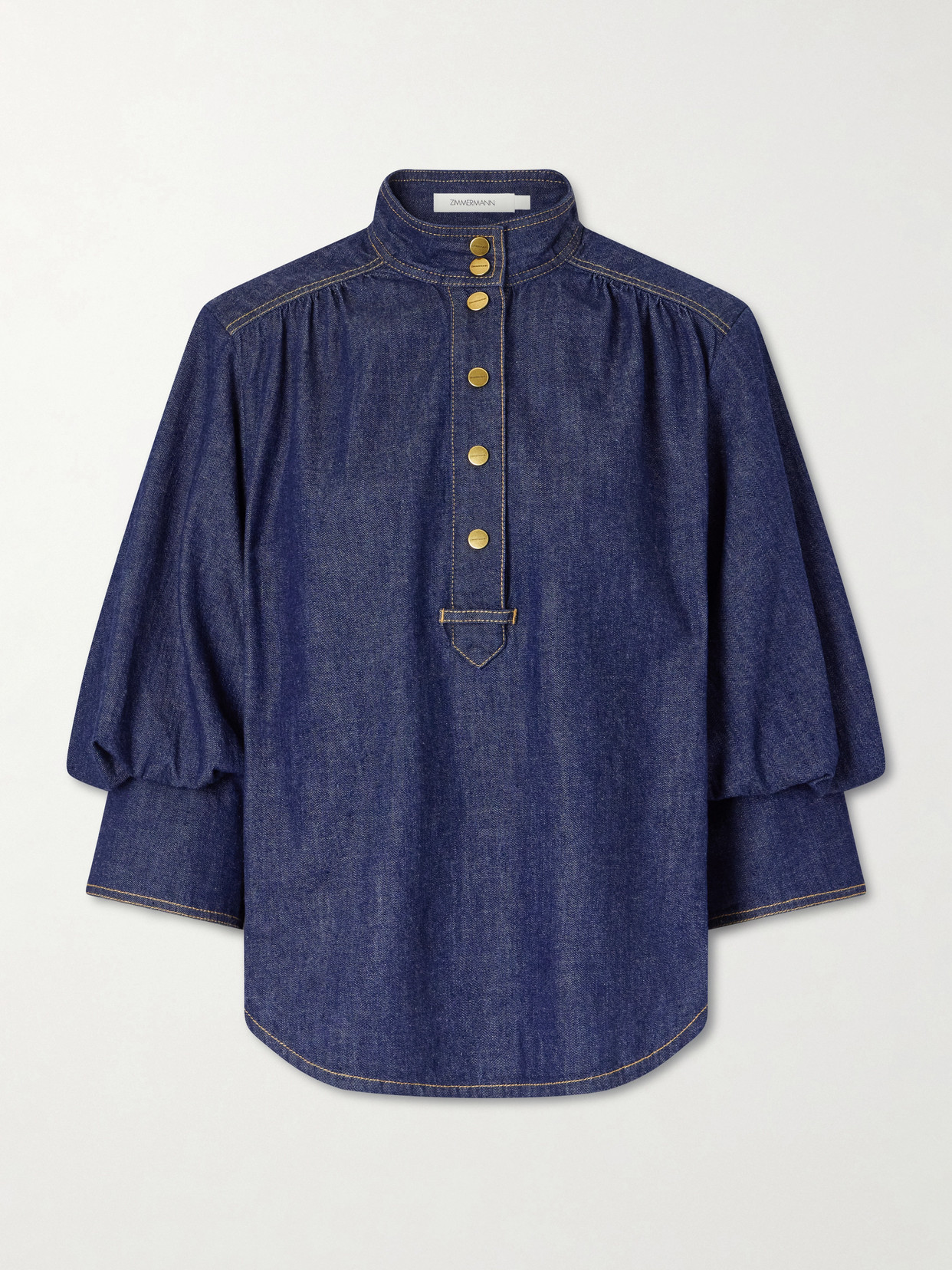 Zimmermann Gathered Logo-engraved Denim Shirt In Blue