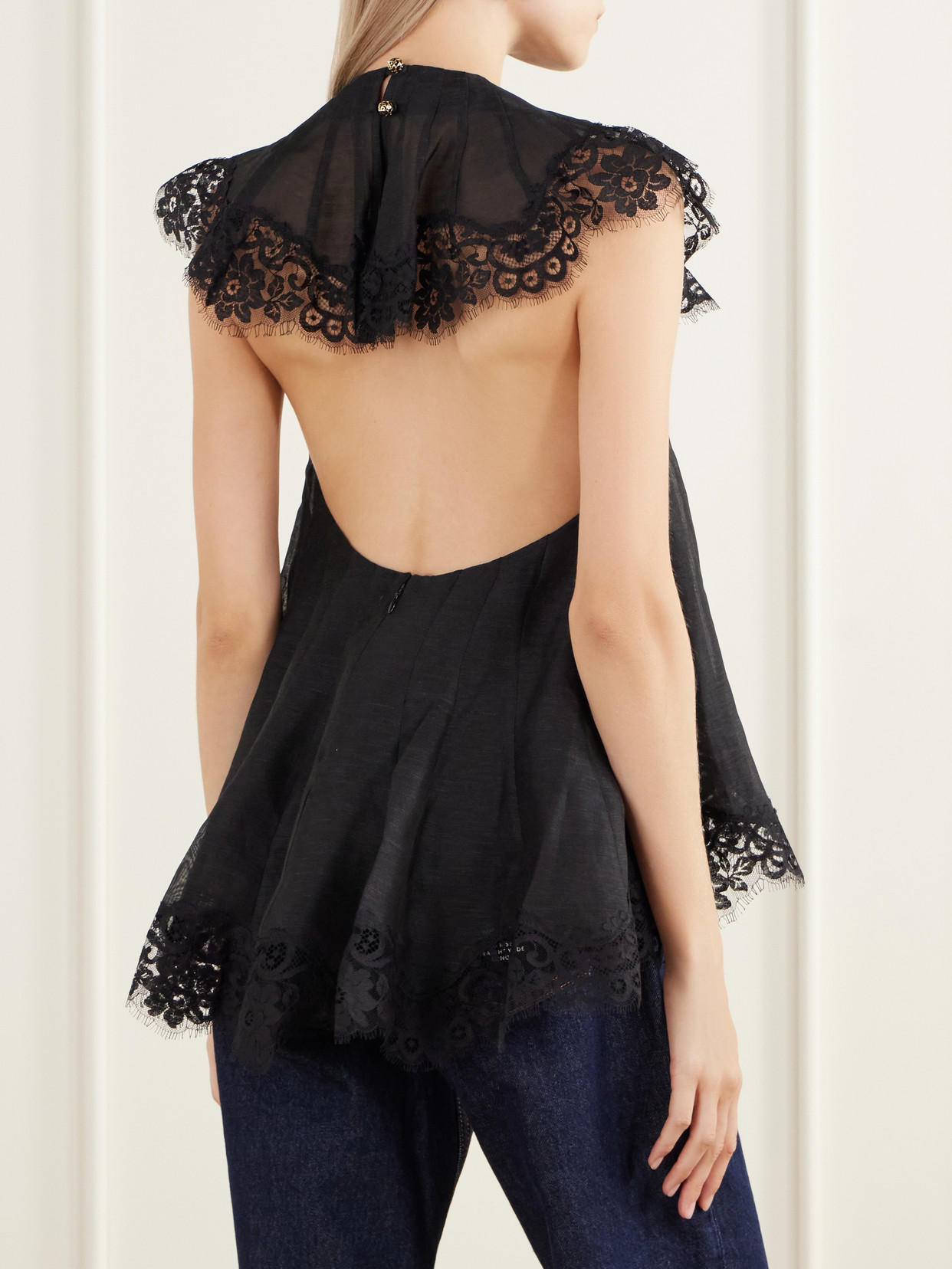 Ascent Flutter Ruffled Cape-Effect Lace-Trimmed Linen And Silk-Blend Voile Blouse