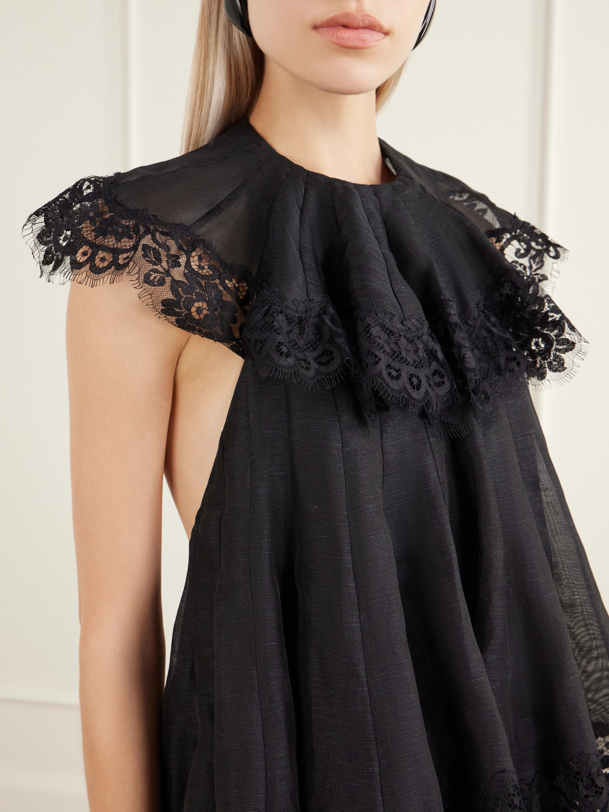 Ascent Flutter Ruffled Cape-Effect Lace-Trimmed Linen And Silk-Blend Voile Blouse