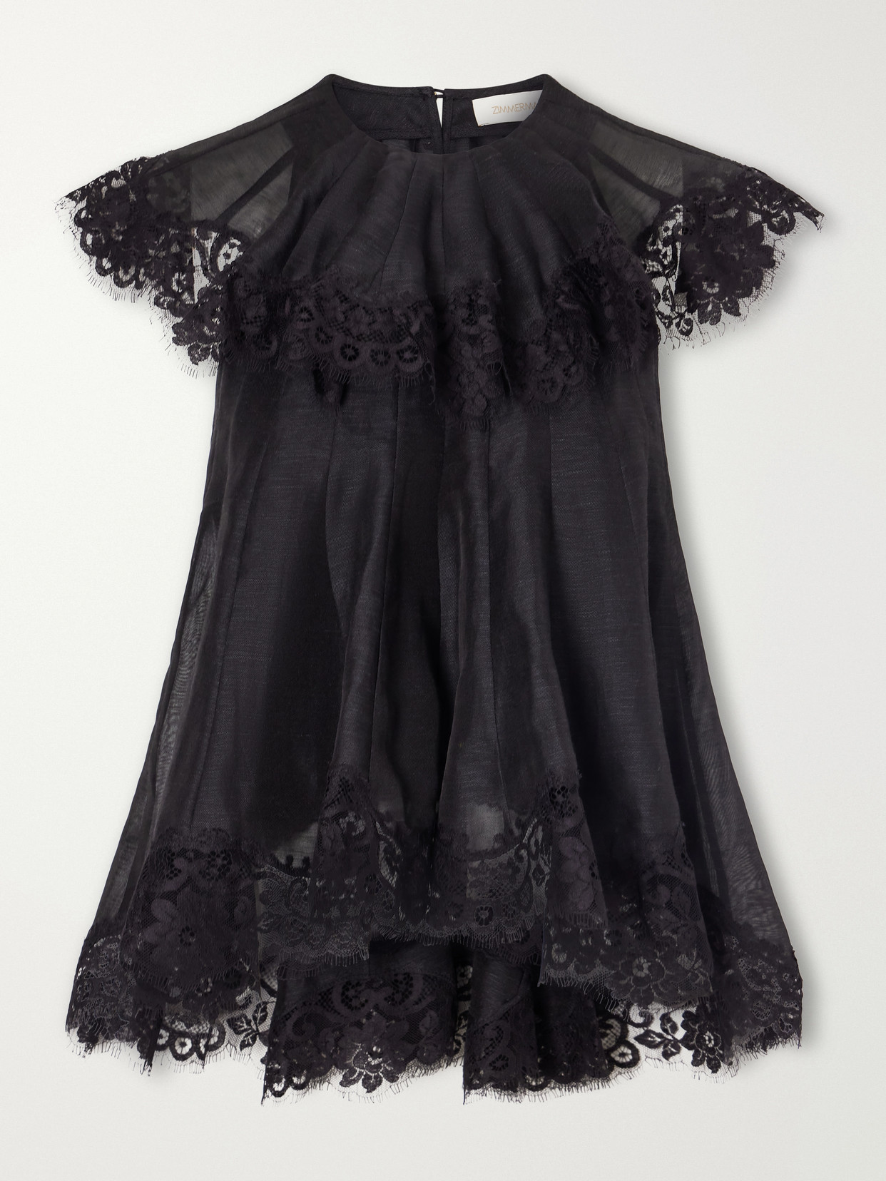 Zimmermann Ascent Flutter Ruffled Cape-effect Lace-trimmed Linen And Silk-blend Voile Blouse In Black