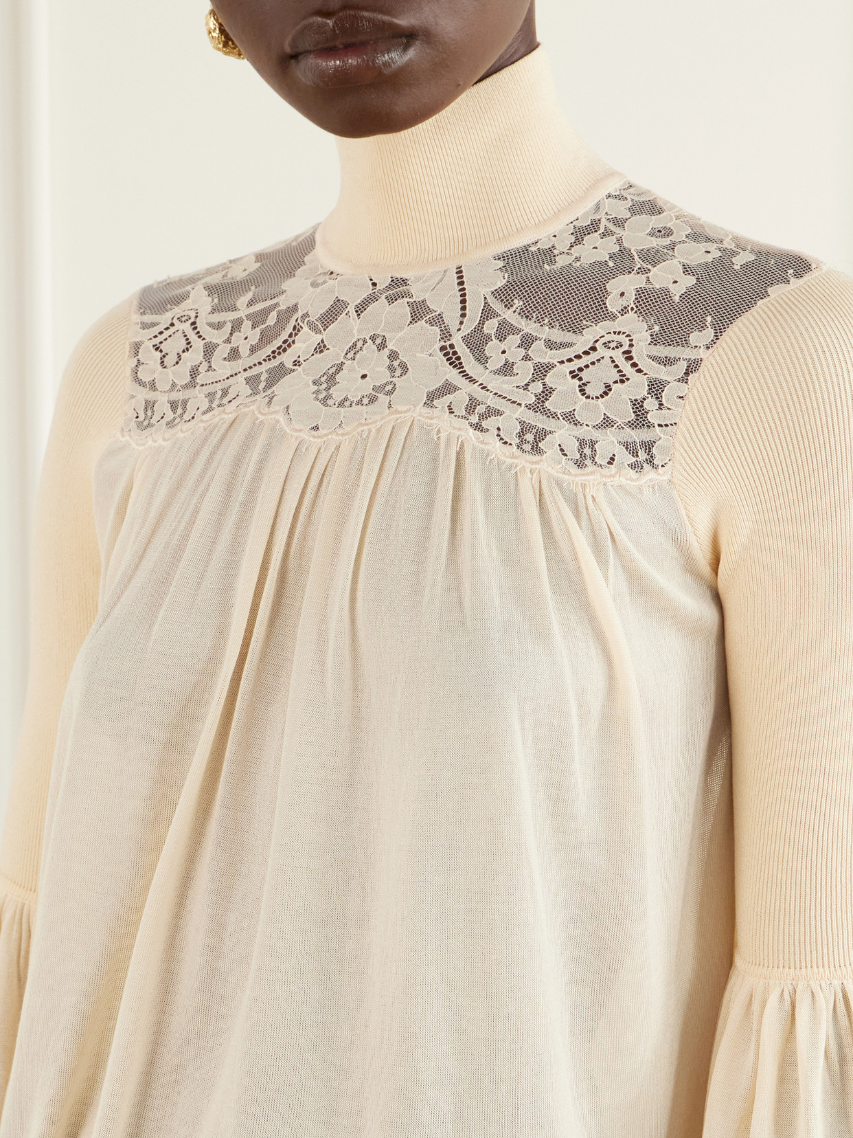 Valiant Lace-Trimmed Lyocell-Blend Turtleneck Blouse