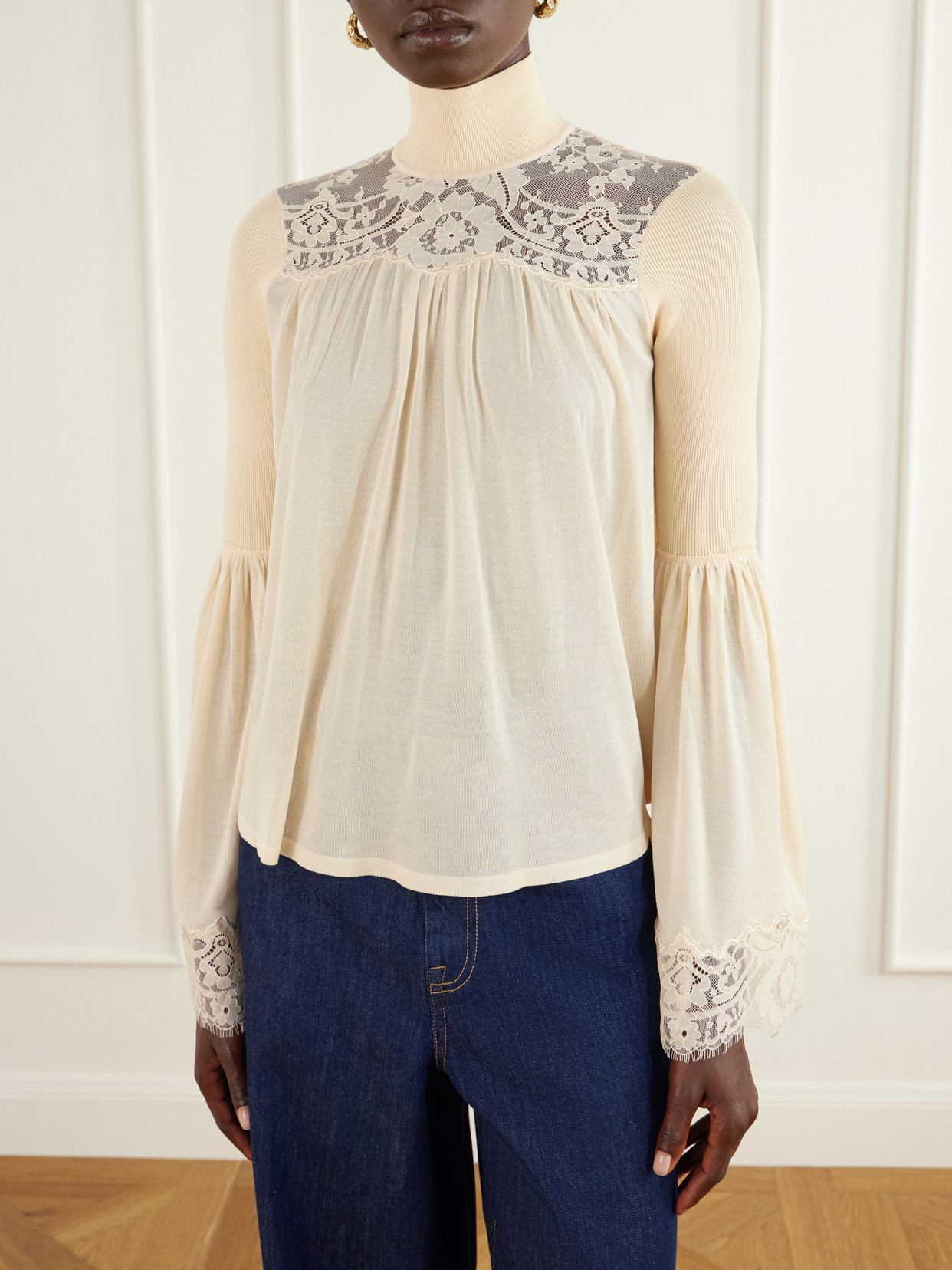 Valiant Lace-Trimmed Lyocell-Blend Turtleneck Blouse