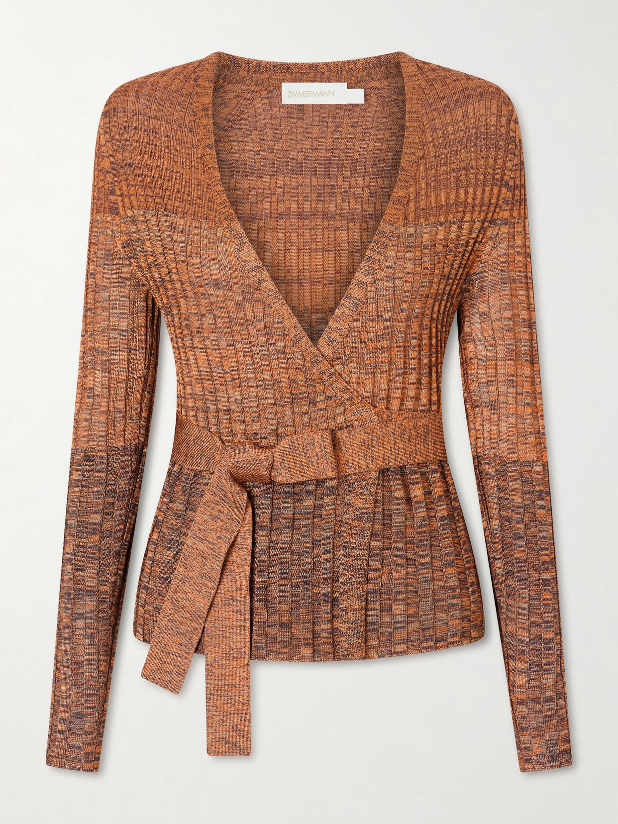 Zimmermann Mouline Belted Ribbed-knit Sweater In Brown