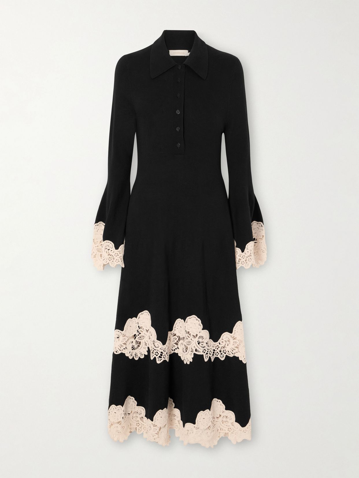 valiant lace trimmed merino wool midi dress