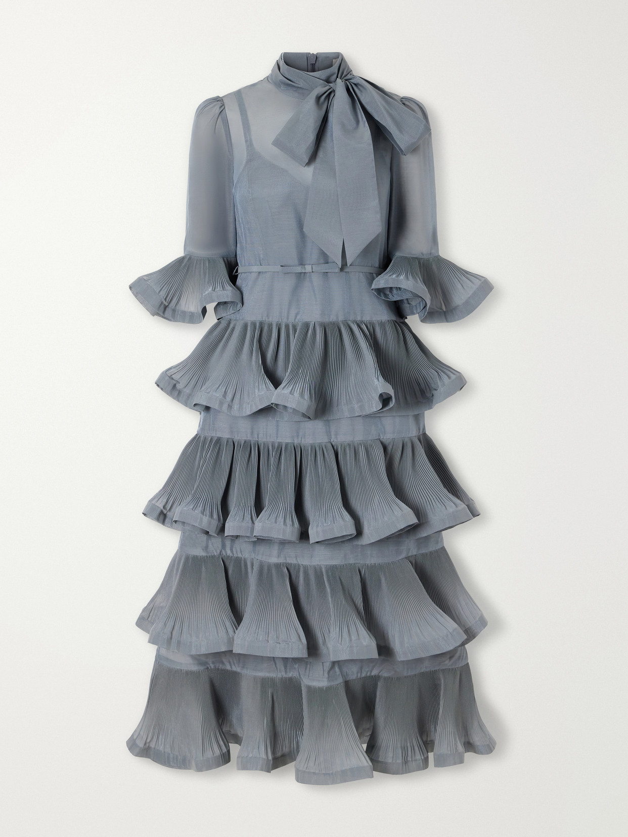 Zimmermann Pussy-bow Ruched Tiered Plissè Organza Midi Dress In Blue