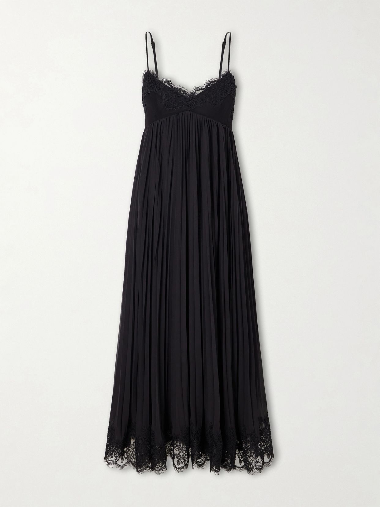 pleated lace trimmed chiffon midi dress