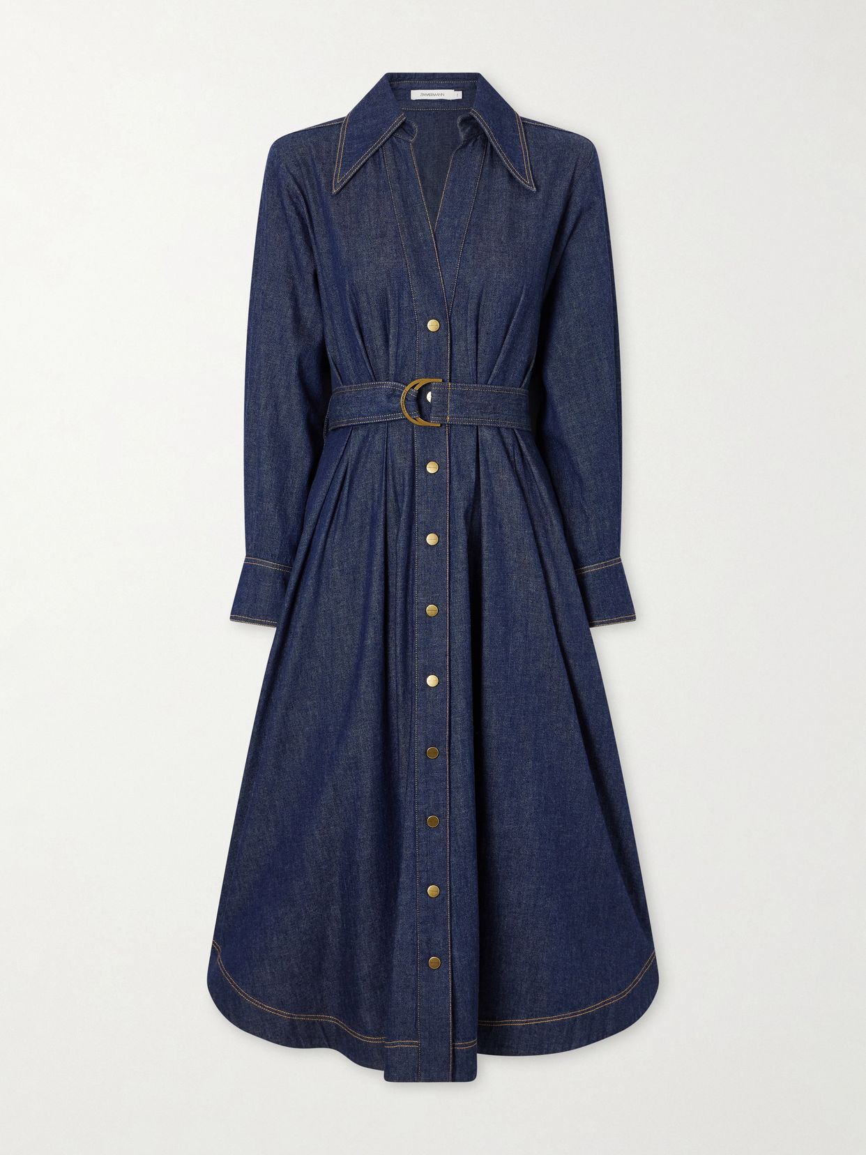 belted denim midi shirt dress