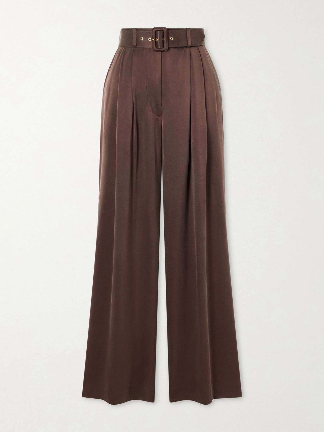 belted pleated silk satin wide leg pants