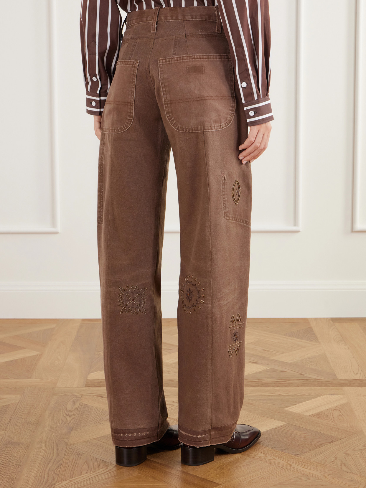Embellished Paneled Upcycled Mid-Rise Straight-Leg Jeans