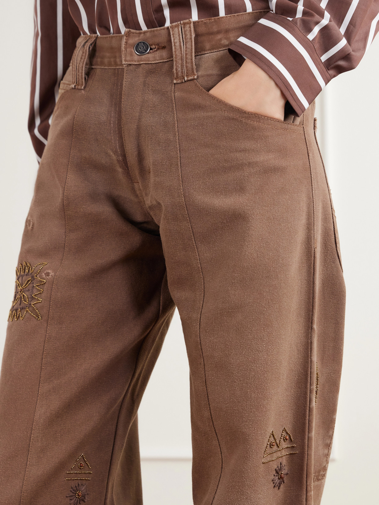 Embellished Paneled Upcycled Mid-Rise Straight-Leg Jeans